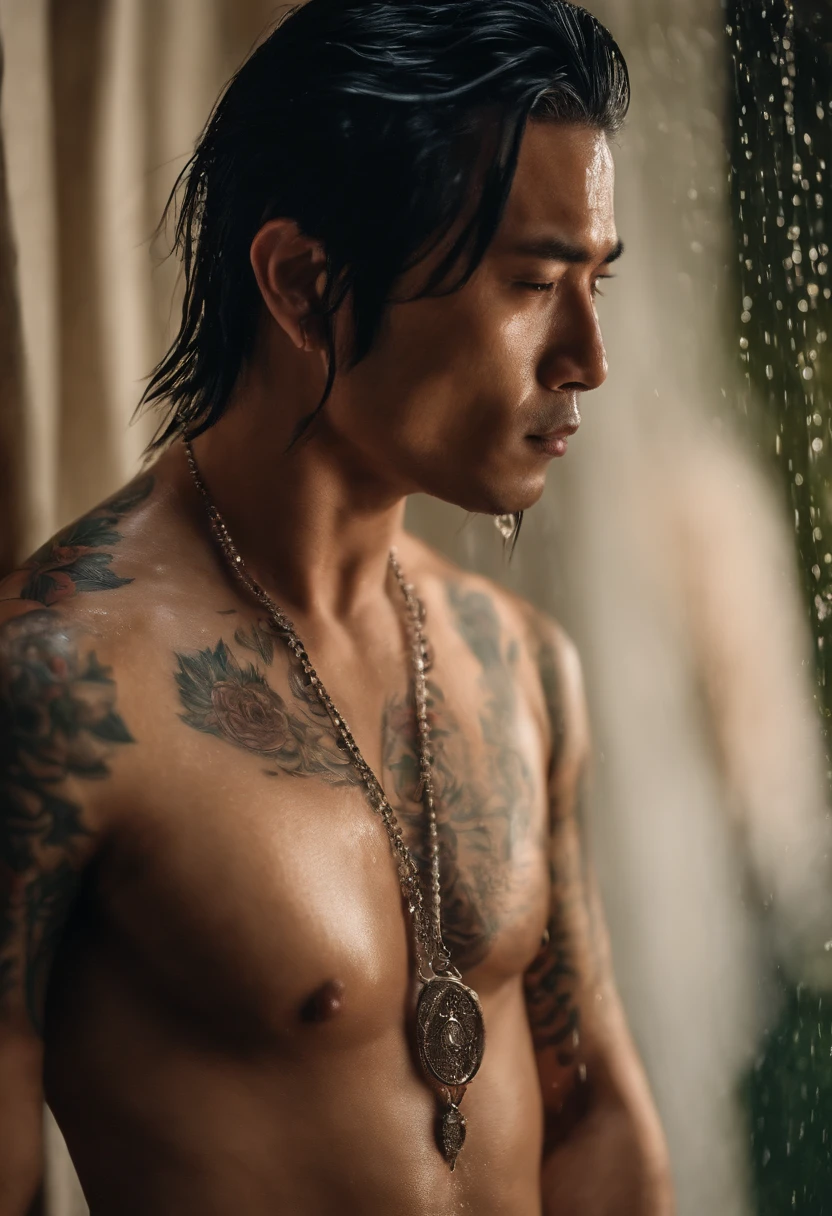 Asian man with long black hair tattooed wet with shower in the background with volume dress in sexy short panties