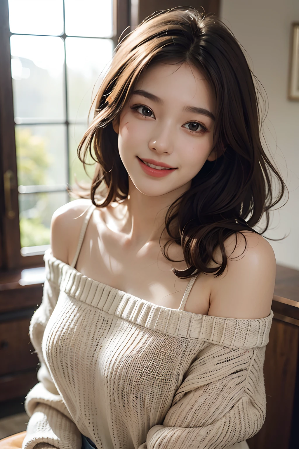 best quality, masterpiece, ultra high res, photorealistic, 1girl, offshoulder, smile, oversized_sweater, soft lighting, detailed skin,brown hair