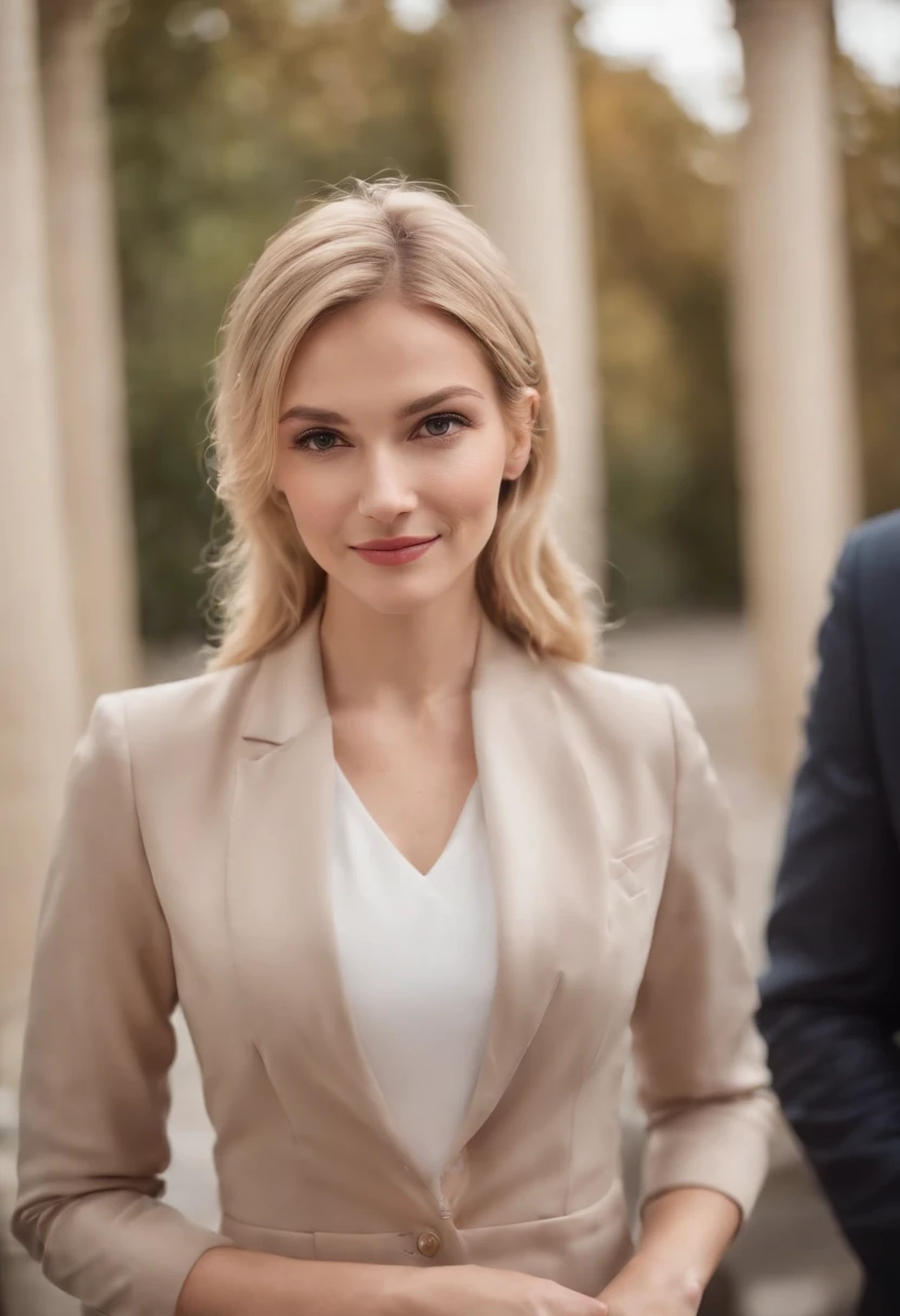 a picure of a blonde caucasian business-woman, brown eyes, business portrait, gently smiling, looking into the camera, dressed corporate in a suit, at a business party, surrounded by her colleagues. Style: classic