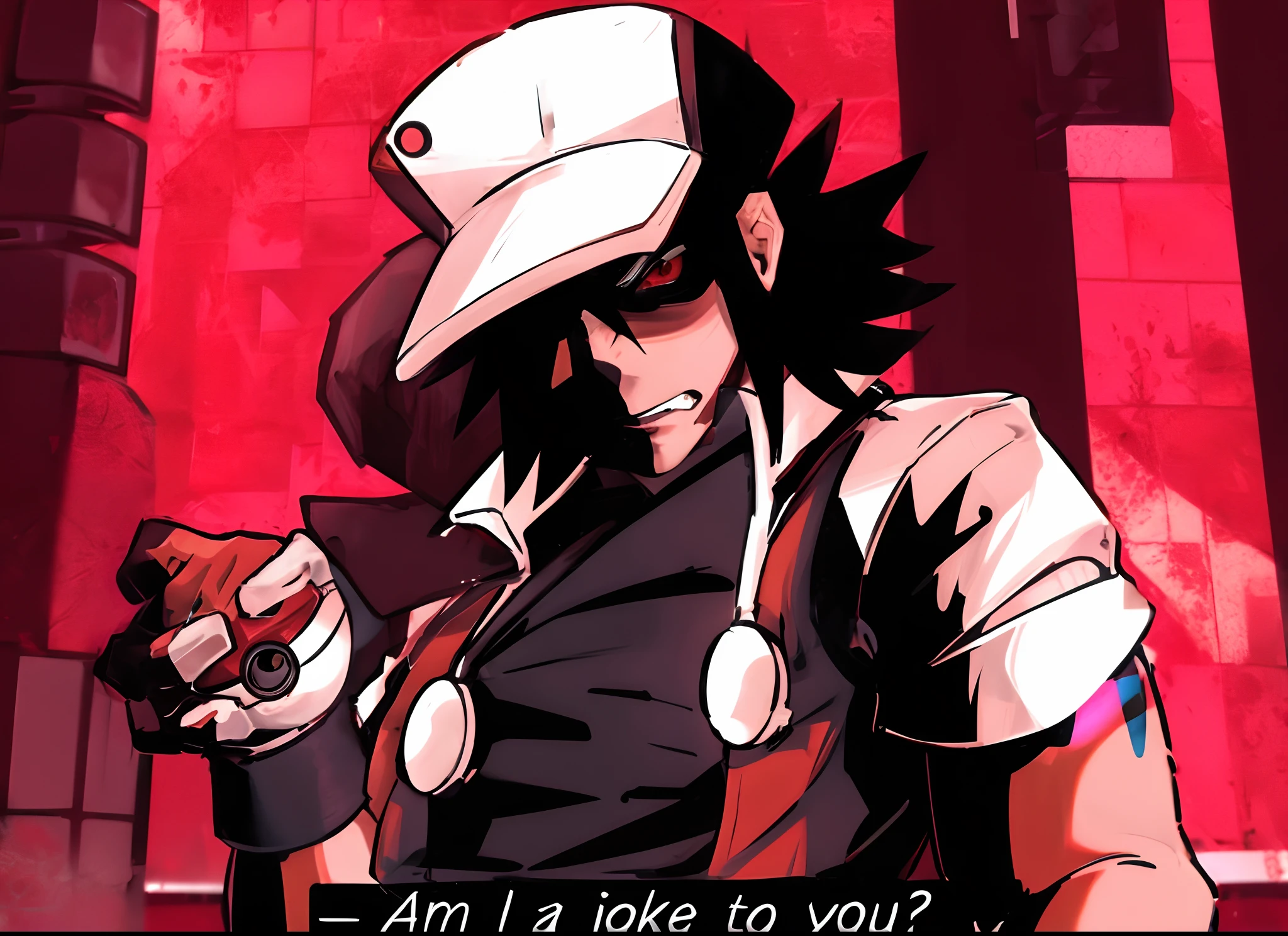 male, red and white cap, red background, pokeball, gloves, red eye, menacing face, dark hair, hd, highres