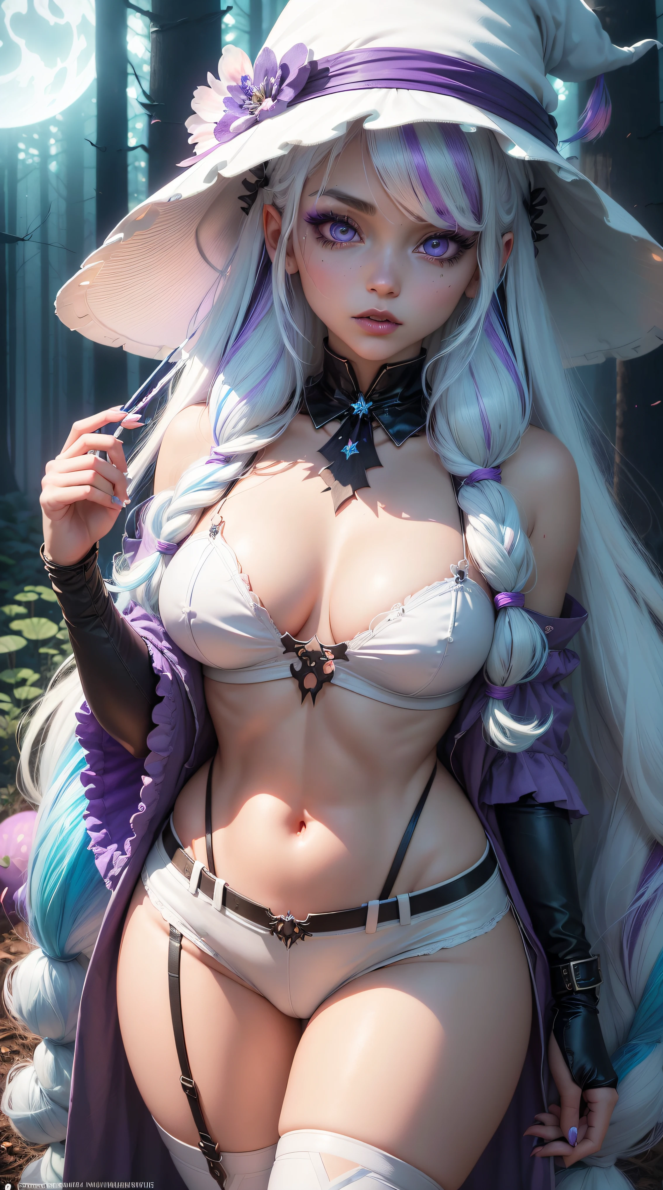 (((master piece, best quality))), 1girl, (((long whute hair))), very long hair, (((multicolored hair, gradient hair, two-tone hair, white hair, blue hair, pink hair:1.2))), (((glowing blue eyes))), (((star-shaped pupils))), gothic makeup, (thick eyeliner), lips, pink eyeshadow, (((pink plunging tie up crop top))), ((harness)), large breasts, (((white hot pants))), (navel piercing), ((garter)), (white stockings), ((gothic blue boots)), (((white pink blue witch hat))), (((Gothic witch))), scenery, ((forest)), (((night))), (((night time))), (((haunted forest))), (((glowing mushrooms))), (fireflies), (butterflies), (flowers) (((iridescent))), (((bioluminescent))), (((posing for viewer))), (((close up shot))), more_details:-1, more_details:0, more_details:0.5, more_details:1, more_details:1.5, more_details:2, InkAnime, oni horns, oni_horns, anime_oni_horns, InkAnime, (glowart), Korean webtoon girl, big eyes, ombre lipstick, cute face, oval face, colored hair, curly hair, straight hair, kahuka1, (((entropymagic))), fantasy, decay, dissolving, glowify, colored eyelashes, (((purple eyelashes))), colored eyelashes, white eyelashes, entropymagic, fantasy, decay, dissolving, glowify