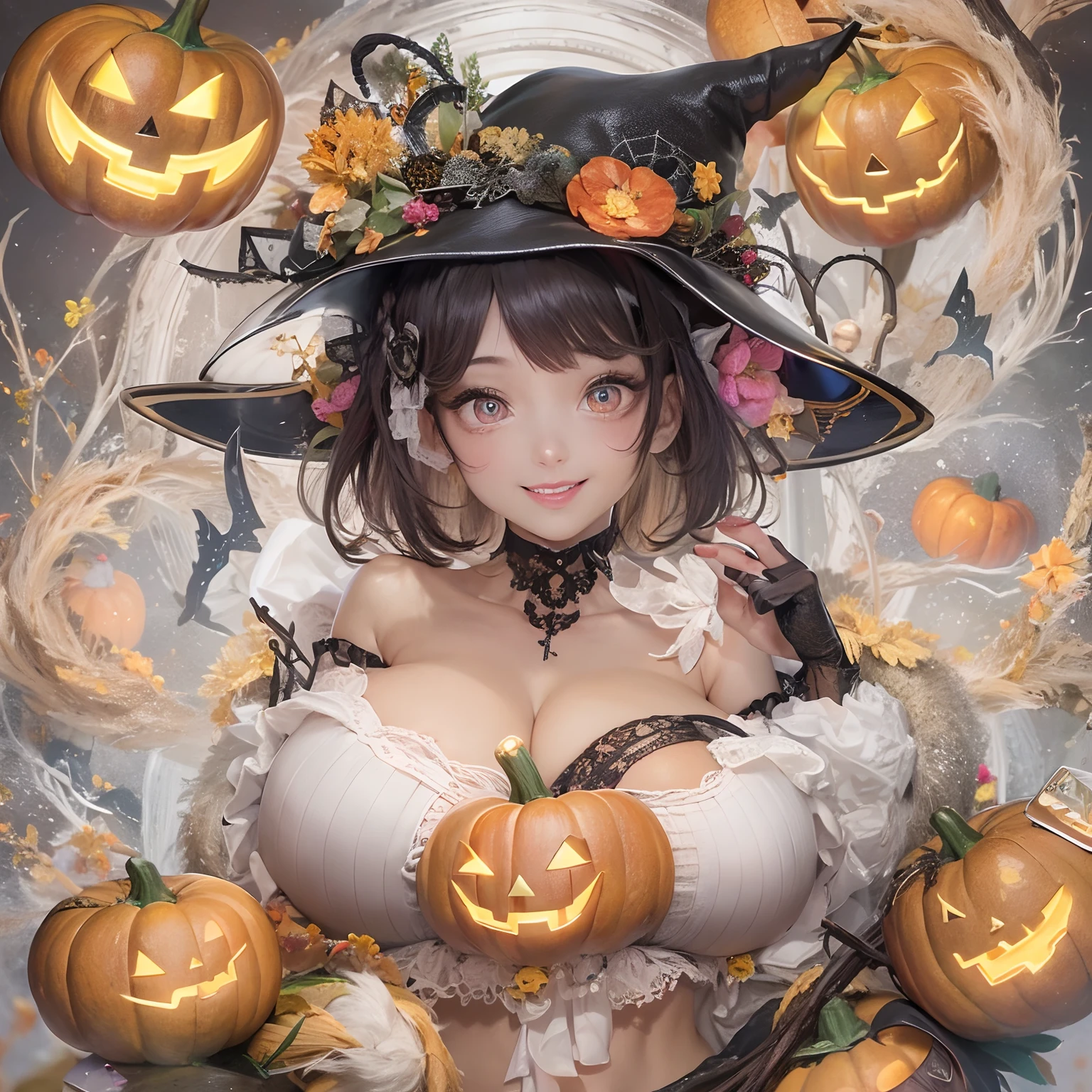 Halloween Hat、close-up of the smile face、close-up of the smile face、Halloween Designer、Halloween Supermodel、makeup、Glossy lips、Shining eyes、(realisitic、hight resolution)、(1 girl in)、Do-Up Eye, caucasion Girl、(Best Quality), (masutepiece), (1girl in), Solo, a beauty girl, Perfect face, Highly detailed airbrush art((Surreal))、Volumetric lighting、(top-quality)、The ultra-detailliert、Highly detailed colorful details、(Bright lighting)、dynamic compositions、ultra-detailliert、nffsw、Her eyes are glowing pink、Background Halloween、pumpkins、((short black hair)), ((pink eyes)), ((huge breasts)), ((giant breasts)), ((black hair)), ((short hair)), ((hair bob))