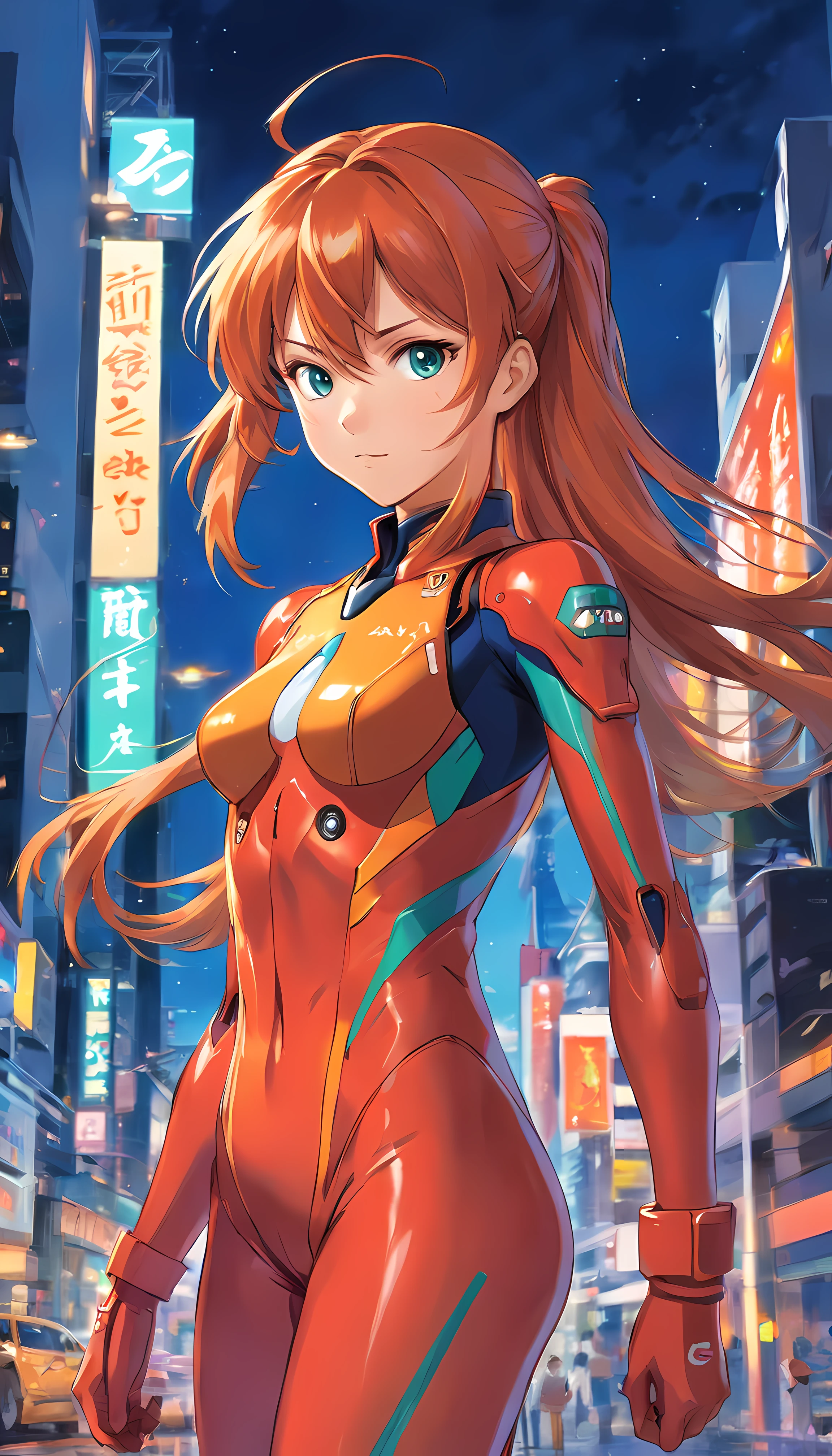 xxmixgirl,1 female detailed face time square detailed background shadow dramatic lighting by Bill Sienkiewicz ( SimplepositiveXLv1:0.7),souryuu asuka langley, neon genesis evangelion, rebuild of evangelion, plugsuit, pilot suit, red bodysuit,,grasses and flowers,