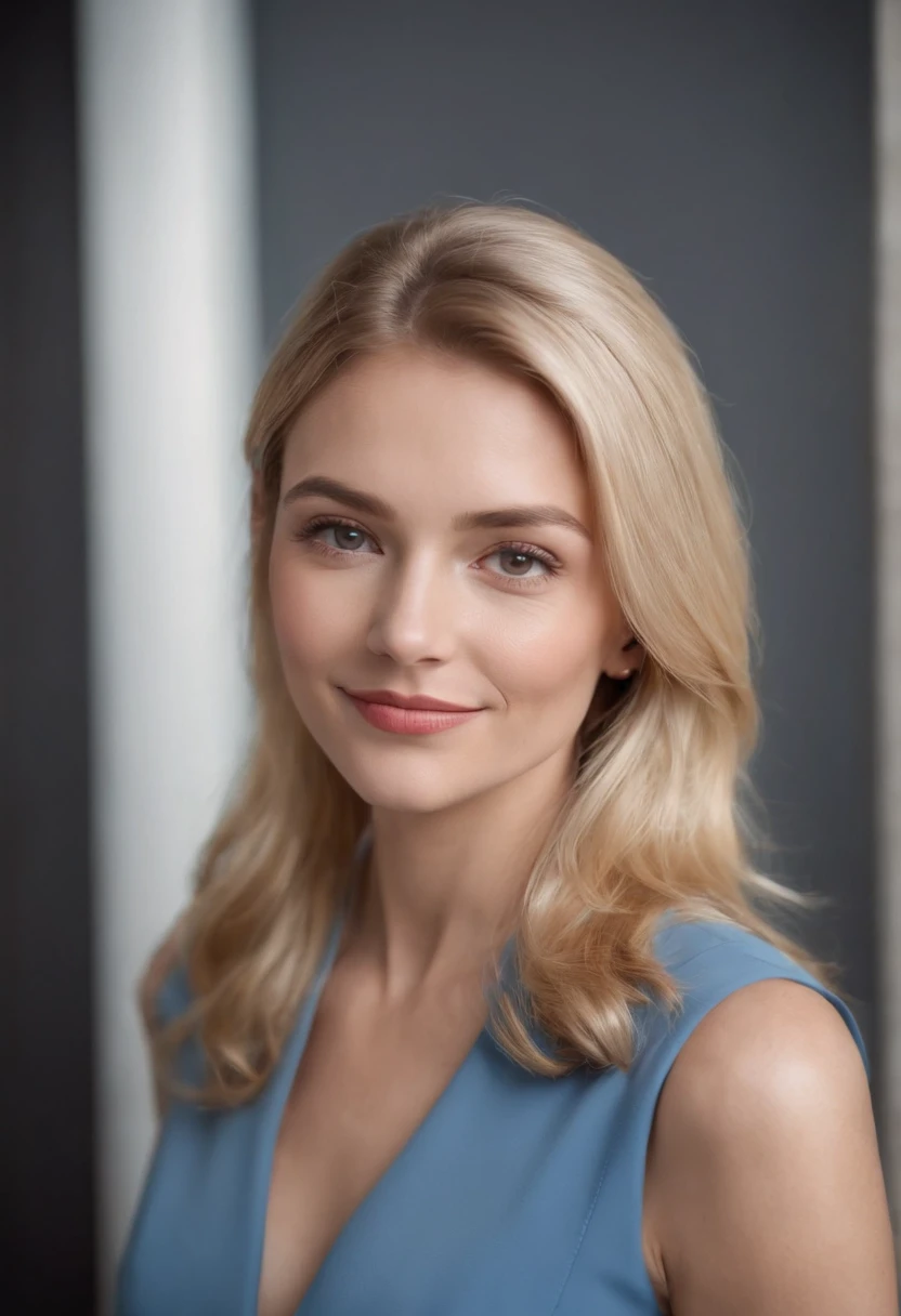 a picure of a blonde caucasian business-woman, brown eyes, business portrait, gently smiling, looking into the camera, dressed corporate in a blue suit, at a business party, surrounded by her colleagues. Style: classic