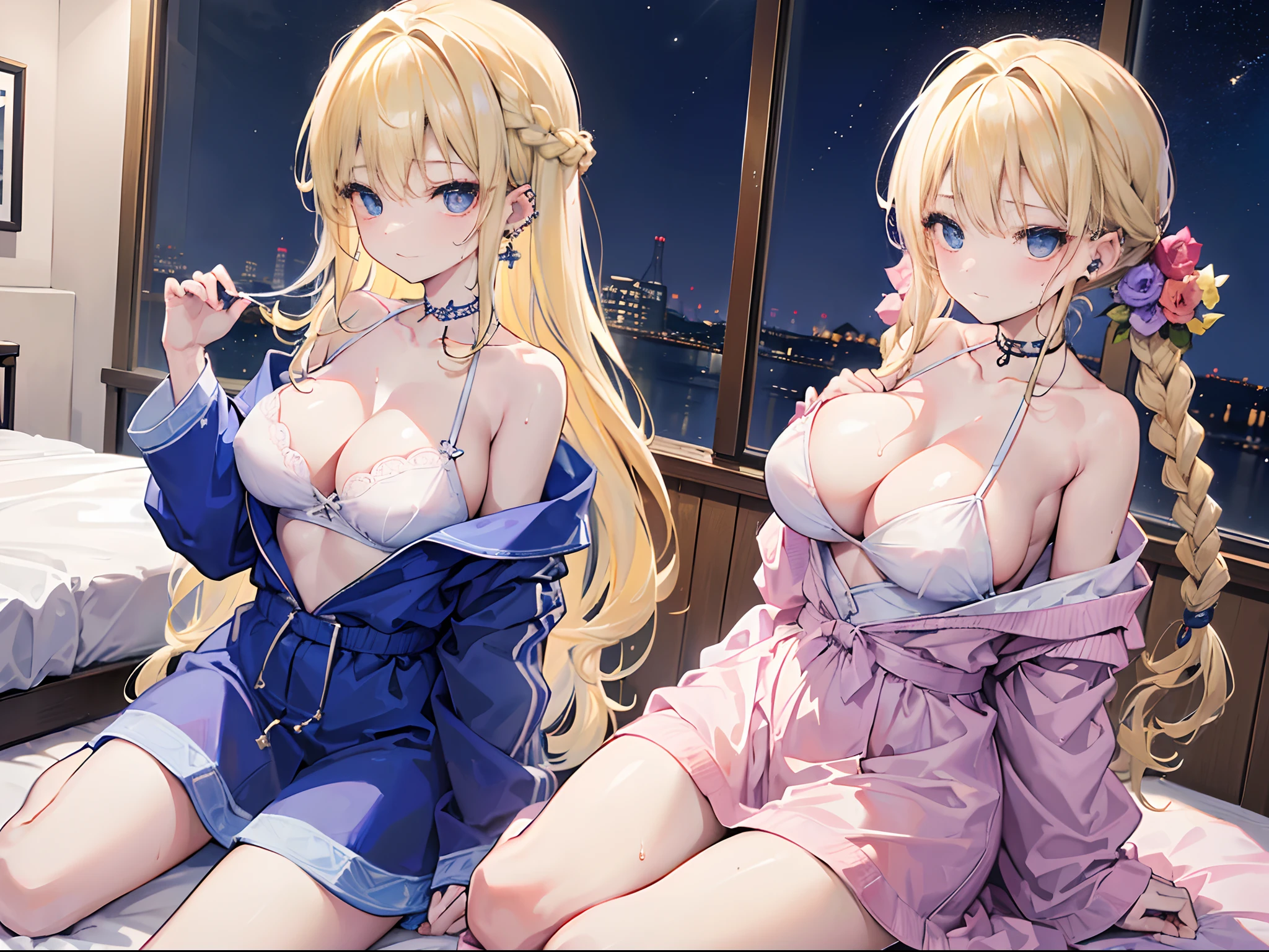 top-quality、highest image quality、10,master-piece、ultra-detail、Beautiful、It's beautiful...、Girl with((age is 18 years old、Bathrobe:1.7、Bust 92、Long blonde hair wet braided on the left and right sides..、Blue Eyes、lens、breast cleavage、Happiness、sit on a chair:1.2、Cross leg:1.2、Ear piercing))、equality、visual art、Background with((Bedroom at night:1.6)) alone