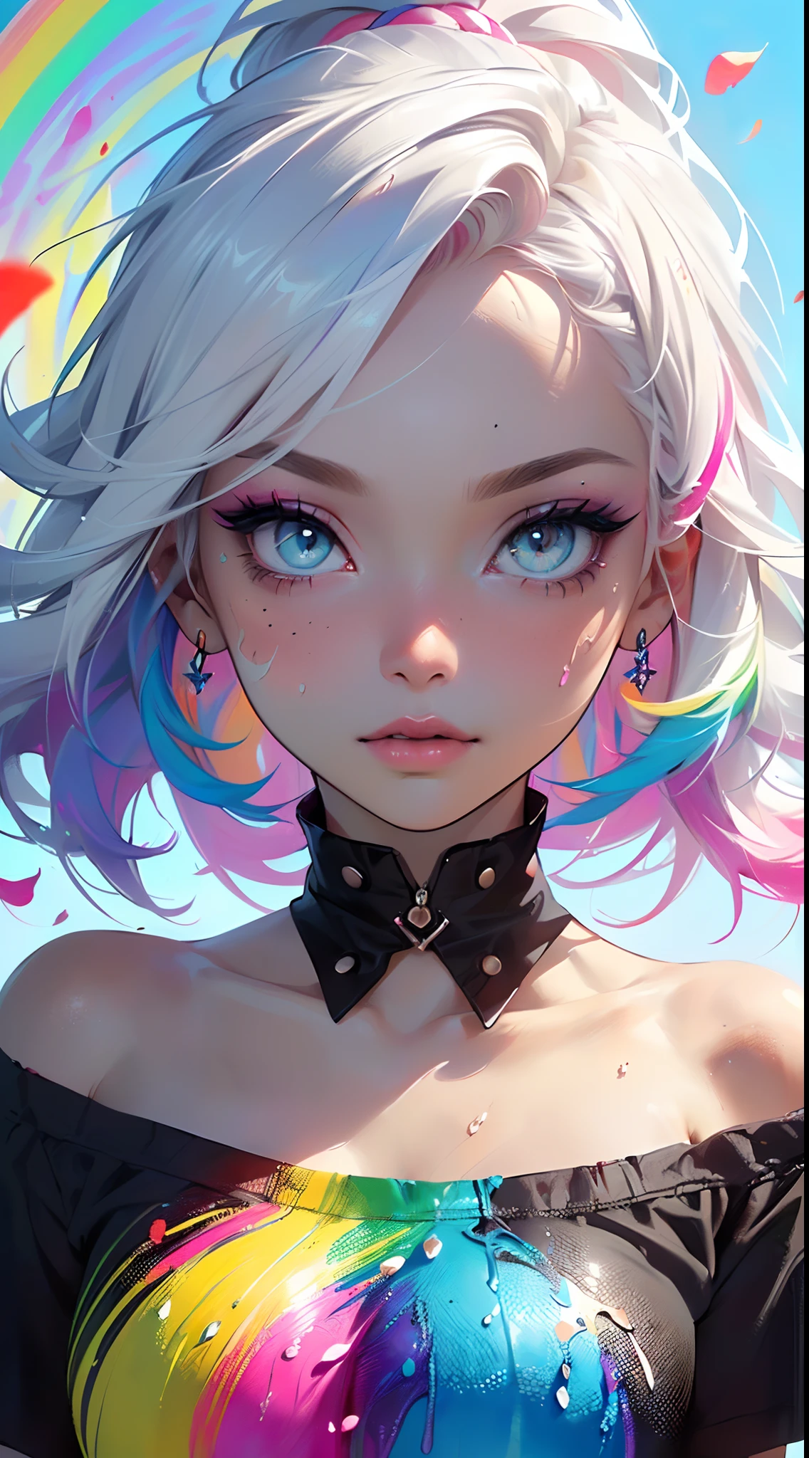 （Pink Fashion T-shirt：1.9），(Colorful hair: 1.8), (all the colours of the rainbow: 1.8),(((((vertical painting：1.6))), （painting：1.6），front, comics, illustrations, paintings, large eyes, crystal clear eyes,（ rainbow color gradient high ponytail：1.7）, exquisite makeup, closed mouth,(Small Fresh: 1.5),(Wipe Chest: 1.6) ，long eyelashes, white off shoulder T-shirt,  White Shoulder Shirt，looking at the audience, large watery eyes, (rainbow colored hair：1.6), color splash, （solo：1.8）, color splash, color explosion, thick paint style, messy lines, ((shining))，(colorful), (colorful), (colorful), colorful, Thick Paint Style, (Splash) (Color Splash), Vertical Painting, Upper Body, Paint Splash, Acrylic Pigment, Gradient, Paint, Highest Image Quality, Highest Quality, Masterpiece, Solo, Depth of Field, Face Paint,  colorful clothes, (Elegant: 1.2), gorgeous,long hair, wind, (Elegant: 1.3), (Petals: 1.4)，(((masterpiece))),(((best quality))),((ultra-detailed)),(illustration),(dynamic angle),((floating)),(paint),((disheveled hair)),(solo),(1girl) , (((detailed anima face))),((beautiful detailed face)),collar,bare shoulders,white hair, ((colorful hair)),((streaked hair)),beautiful detailed eyes,(Gradient color eyes),(((colorful eyes))),(((colorful background))),(((high saturation))),(((surrounded by colorful splashes))),