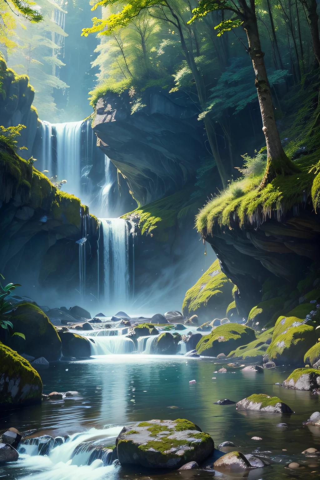 (best quality,4k,8k,highres,masterpiece:1.2),realistic,ultra-detailed,beautiful waterfall,wonderful nature scene,cascading water,sparkling droplets,misty atmosphere,crystal clear water,surrounded by lush greenery,serene and tranquil ambiance,refreshing spray,sunlight filtering through the trees,glistening rocks and moss,blurring motion of water,harmony of sounds and colors,immersive and captivating experience,natural beauty,serenity in motion