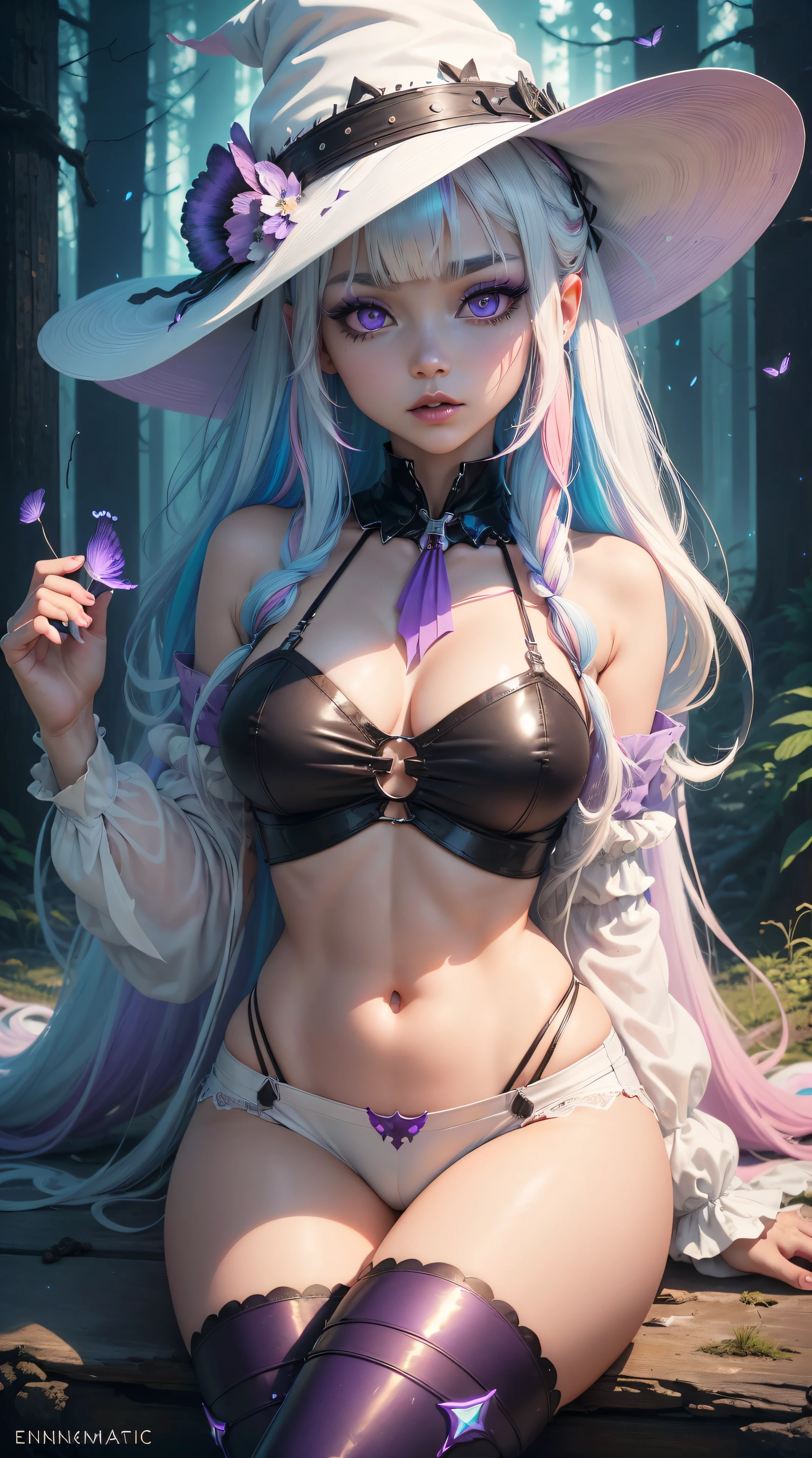 (((master piece, best quality))), 1girl, (((long whute hair))), very long hair, (((multicolored hair, gradient hair, two-tone hair, white hair, blue hair, pink hair:1.2))), (((glowing blue eyes))), (((star-shaped pupils))), gothic makeup, (thick eyeliner), lips, pink eyeshadow, (((pink plunging tie up crop top))), ((harness)), large breasts, (((white hot pants))), (navel piercing), ((garter)), (white stockings), ((gothic blue boots)), (((white pink blue witch hat))), (((Gothic witch))), scenery, ((forest)), (((night))), (((night time))), (((haunted forest))), (((glowing mushrooms))), (fireflies), (butterflies), (flowers) (((iridescent))), (((bioluminescent))), (((posing for viewer))), (((close up shot))), more_details:-1, more_details:0, more_details:0.5, more_details:1, more_details:1.5, more_details:2, InkAnime, oni horns, oni_horns, anime_oni_horns, InkAnime, (glowart), Korean webtoon girl, big eyes, ombre lipstick, cute face, oval face, colored hair, curly hair, straight hair, kahuka1, (((entropymagic))), fantasy, decay, dissolving, glowify, colored eyelashes, (((purple eyelashes))), colored eyelashes, white eyelashes, entropymagic, fantasy, decay, dissolving, glowify