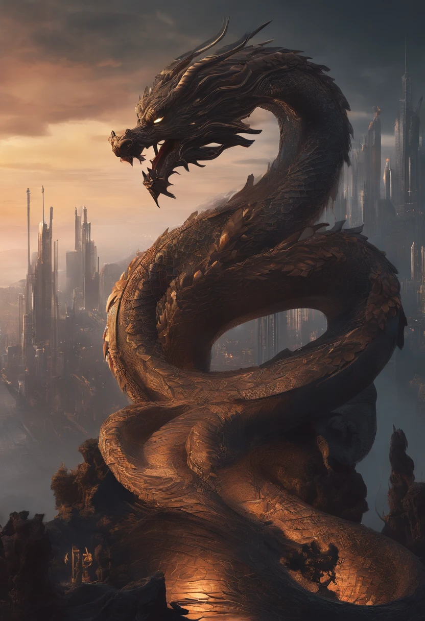 chinesedragon,The long tail of the snake,Huge waves,China-style,oc rendered,super-fine,high qulity,ultra - detailed,Perfectcomposition, beautiful detailed intricate insanely detailed octane render trending on artstation, 8 k artistic photography, Arte conceptual fotorrealista, soft natural volumetric cinematic perfect light, Chiaroscuro, an award winning photograph, Masterpiece, oil on the canvas, raffael, Caravaggio, greg rutkovsky, beeple, beksinski, Giger, trending on artstationh, Sharp focus, studio photo, Intricate details, Highly detailed, night city on the background, by Greg Rutkowski