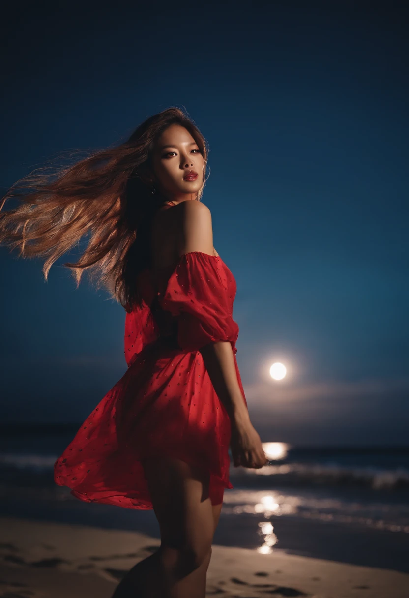 Jennie from blackpink dancing in the moonlight on a beach at night in a short dress and loose hair