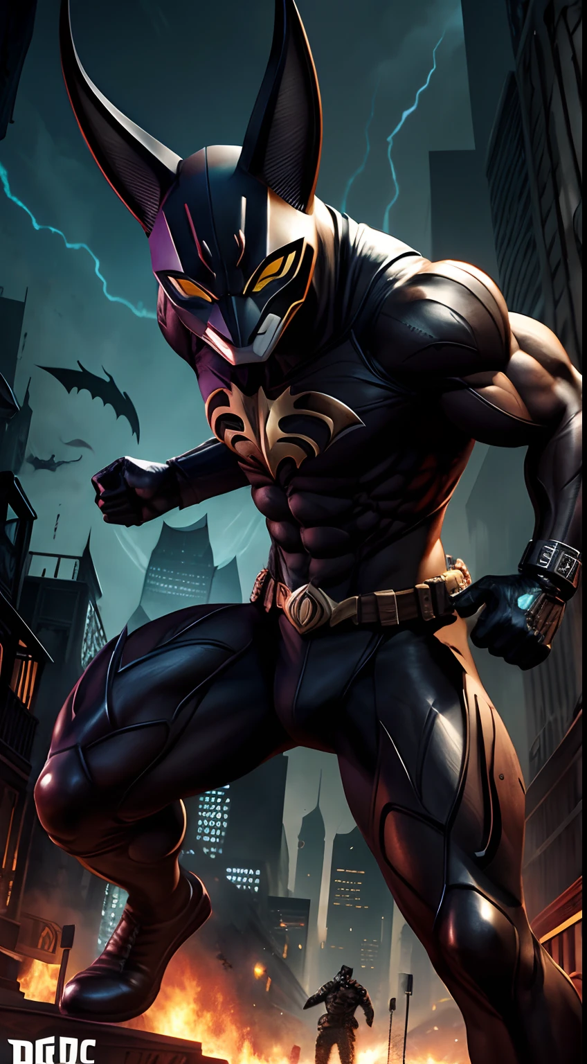 caracal mask creature, DC style, Arkham city background, attacking pose, masterpiece, ultra high details