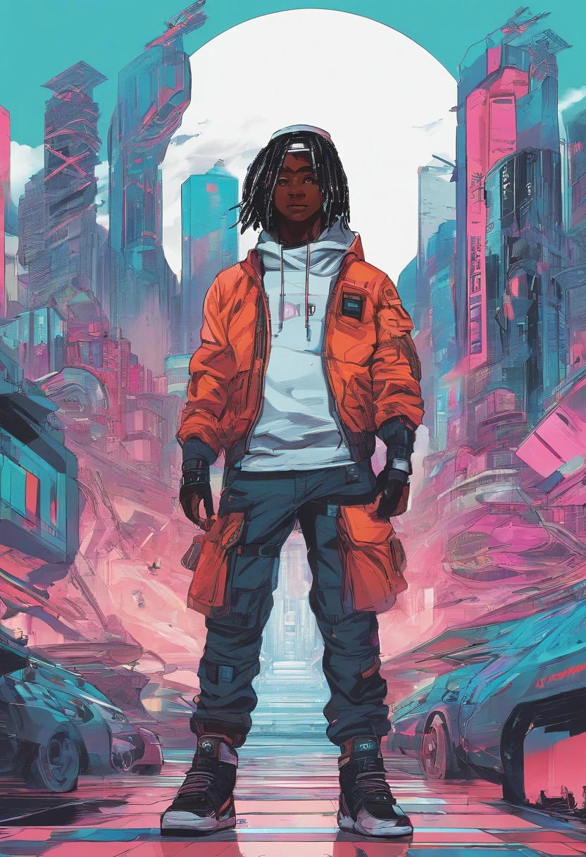 sci fi future 24th centry fullbody solo 1 savage black japanese defcon hacker Anthropomorphic cyborg xxxtentacion juice wrld inspired hairstyle dreadlocks gang signs crazy wild detals gangsta gang defcon baggy sagging trap sumpreme streetwear with a mean face threat stare standing facing front