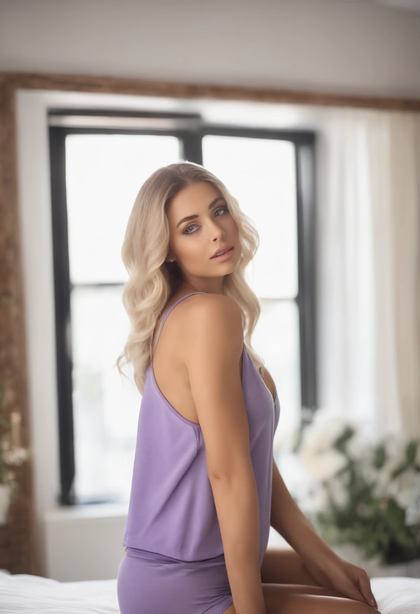 Woman with matching tank top and panties, Sexy girl with blue eyes, portrait sophie mudd, portrait corinna kopf, blonde hair and large eyes, Selfie einer jungen Frau, Augen im Schlafzimmer, Violet Myers, ohne Make-up, Natural makeup, Blick direkt in die Kamera, Gesicht mit Artgram, dezentes Make-up, Stunning full body shot, im Schlafzimmer, Spaltung
