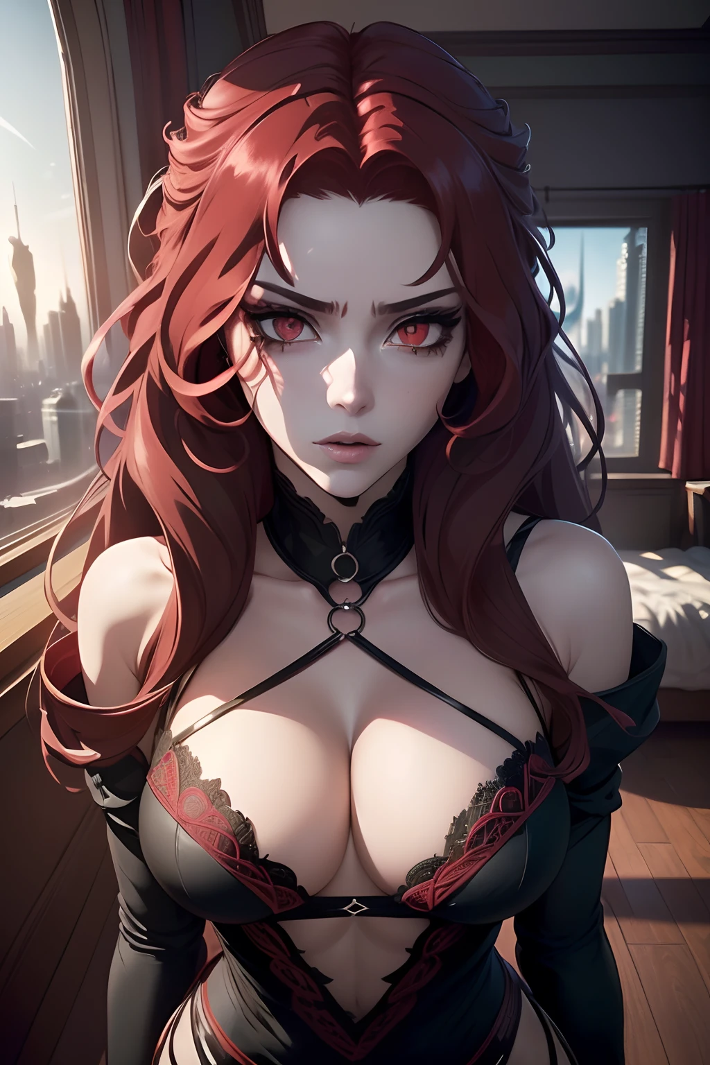The World After The Fall((masterpiece)), ((ultra-detailed)), ((best quality)), ((intricate details)), ((chromatic aberration)), 1girl, long hair, shy, ((very small breasts)), makeup, black eyeliner, (expressionless, ), looking at viewer,red hair, red eyes, ((tied up, cleavage, bedroom, solo,cityscape,window, )