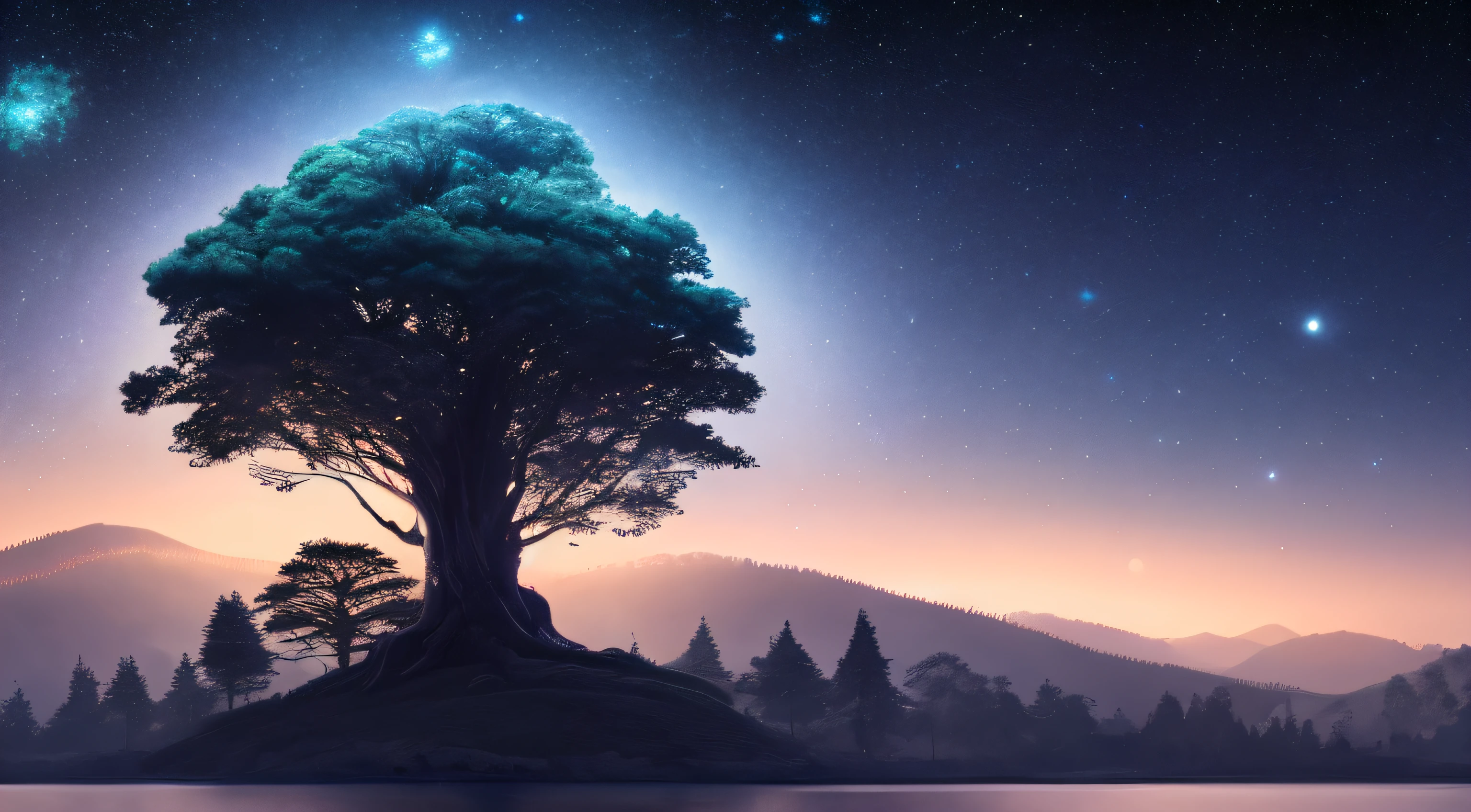 Illustration of a hyperrealistic , otherworldly, ultrasky scene featuring a giant crystal tree full body,very detailed and magical lighting, intricate forest details, vegetation and river around, solarpunk ,landscape, giant tree, beatifull leafy with beautiful lighting and realistic proportions, as if it were a cinematic background, 8k, highest quality, masterpiece, clouds and stars in the sky.