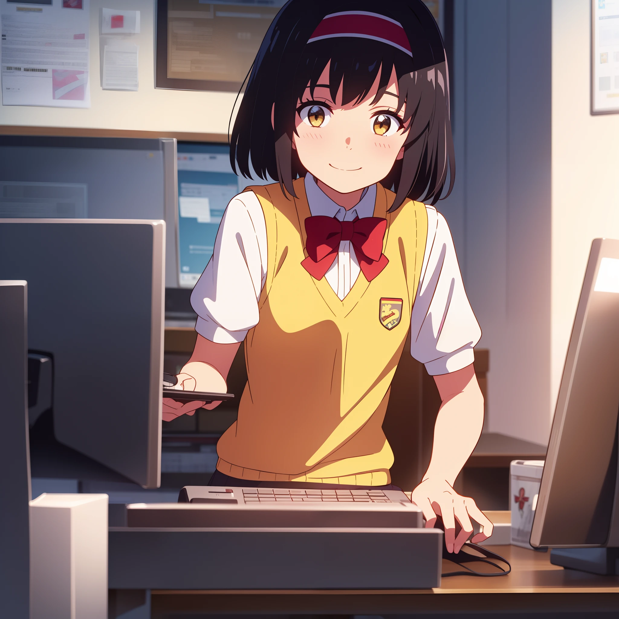 shinkai makoto, kimi no na wa., 1girl, bangs, black hair, blush, bow, brown eyes, collared shirt, headband, looking at the viewer, red bow, red headband, red ribbon, school uniform, shirt, short hair, smile, solo, sweater vest, vest, white shirt, yellow sweater vest, yellow vest, smile, happy, short skirt, short sleeves, puffy sleeves, red neckerchief, indoors, internet café, playing games, sitting at a computer desk