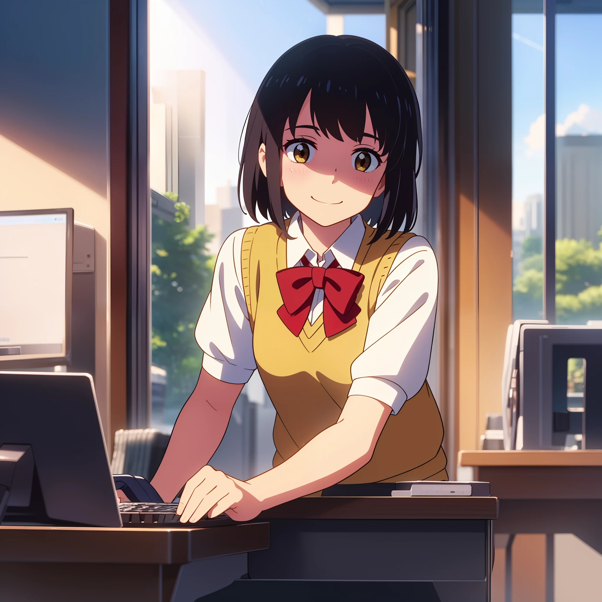 shinkai makoto, kimi no na wa., 1girl, bangs, black hair, blush, bow, brown eyes, collared shirt, headband, looking at the viewer, red bow, red headband, red ribbon, school uniform, shirt, short hair, smile, solo, sweater vest, vest, white shirt, yellow sweater vest, yellow vest, smile, happy, short skirt, short sleeves, puffy sleeves, red neckerchief, indoors, internet café, playing games, sitting at a computer desk