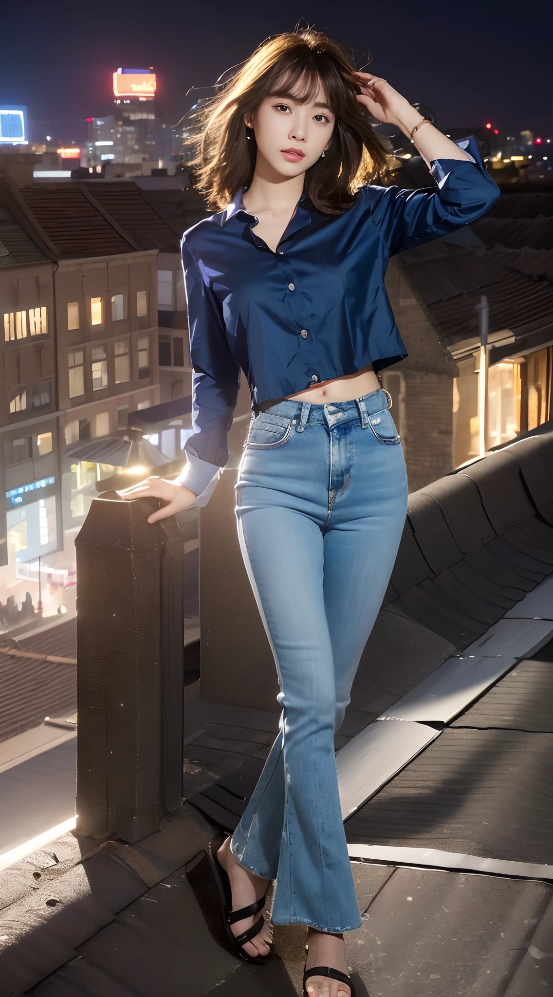 ((midynight, Need, 8K, tmasterpiece:1.3)), full bodyesbian, Long legs, Focalors:1.2, Skinny beauty:1.4, Slim abs:1.1, ((Long straight hair,Dark brown hair, huge tit:1.2 )), (Stylish white loose shirt, Stylish washed blue flared pants, standing on your feet:1.2), ((city night scene, the roof:1.3)), Highly detailed facial and skin texture, A detailed eye, Single Eyelids,Fair and well-proportioned legs,Wear sandals,Reveals tender white toes,fully body photo