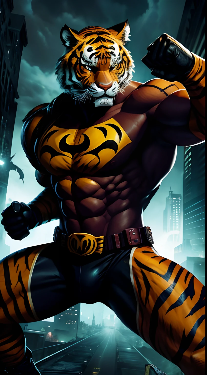 tiger mask creature, DC style, Arkham city background, attacking pose, masterpiece, ultra high details