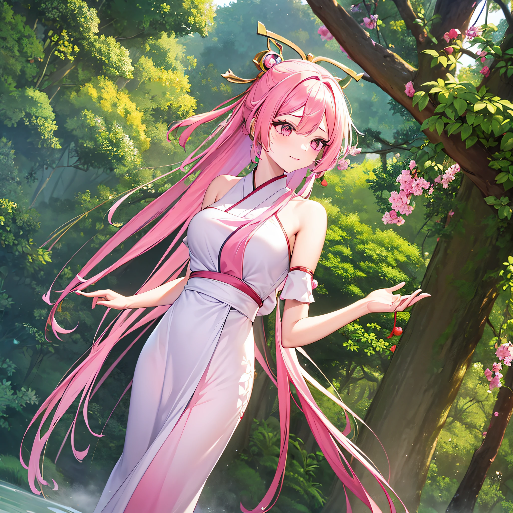 16k,Two-dimensional girl,Japanese painting style,Long flowing yellow hair,Pink white eyes,Chinese off-the-shoulder evening dress,Side face,adolable。