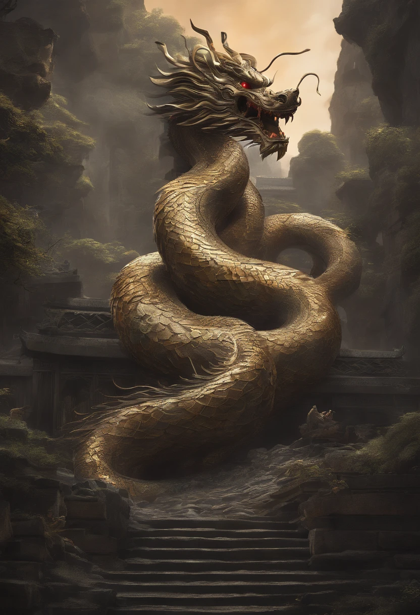 chinesedragon，The long tail of the snake，Huge waves，China-style，oc rendered，super-fine，high qulity，ultra - detailed，Perfectcomposition, beautiful detailed intricate insanely detailed octane render trending on artstation, 8 k artistic photography, Arte conceptual fotorrealista, soft natural volumetric cinematic perfect light, Chiaroscuro, an award winning photograph, Masterpiece, oil on the canvas, raffael, Caravaggio, greg rutkovsky, beeple, beksinski, Giger, trending on artstationh, Sharp focus, studio photo, Intricate details, Highly detailed, night city on the background, by Greg Rutkowski