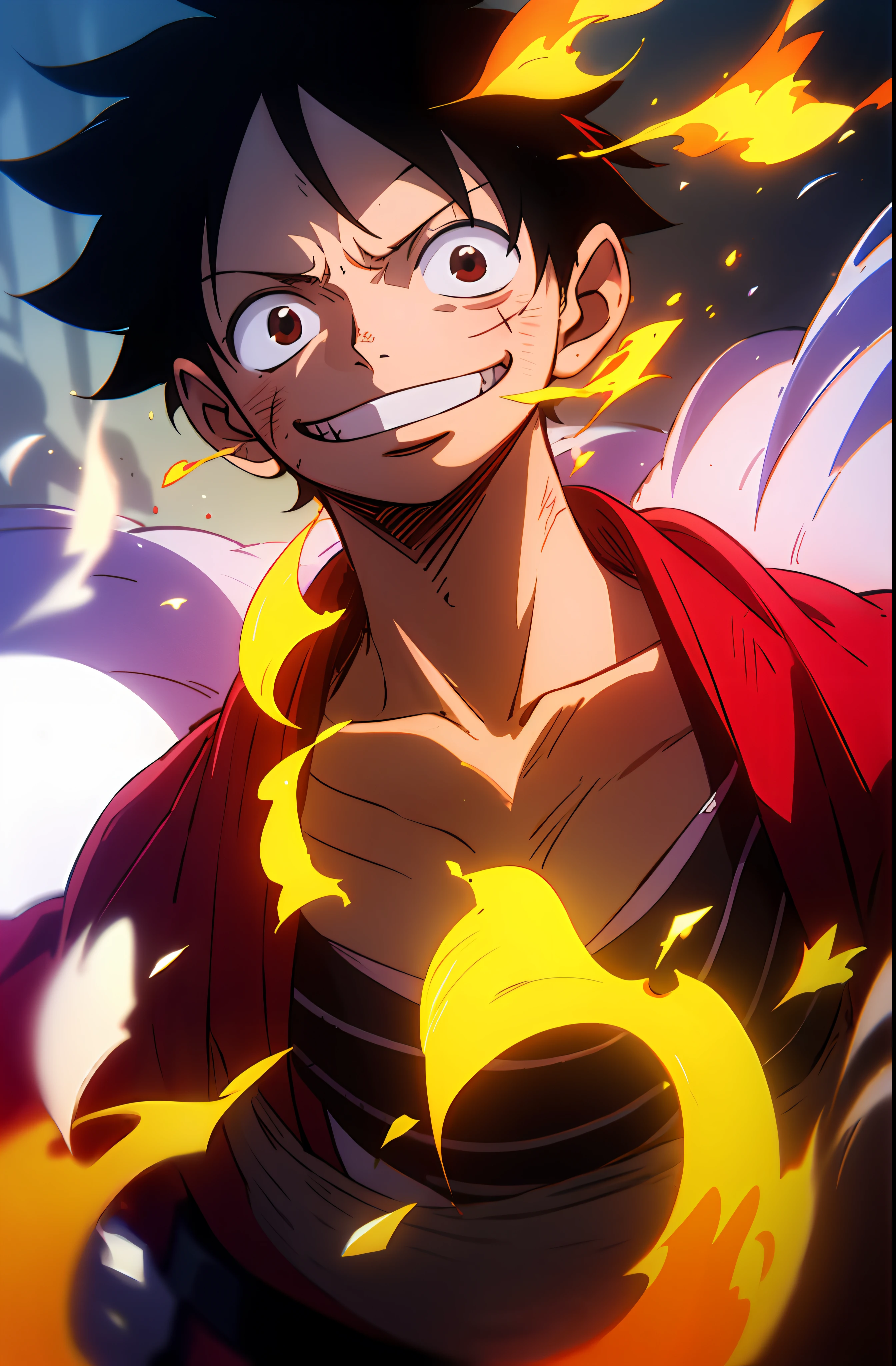 1boys, wanostyle, monkey d luffy, Smiling, Straw hat, look viewer, 独奏, Upper body, ((masterpiece)), (Best quality), (Extremely detailed), Depth of field, sketch, dark intensive shadows, Sharp focus quality, hdr, Colorful, Good composition, There were fires all around, spectacular, Closed shirt, Anime screenshots, Scars under the eyes, getting ready to fight, Dark eyes,deep of field,Sea backgroun,ship,sunrays,Red clothes,big smirk