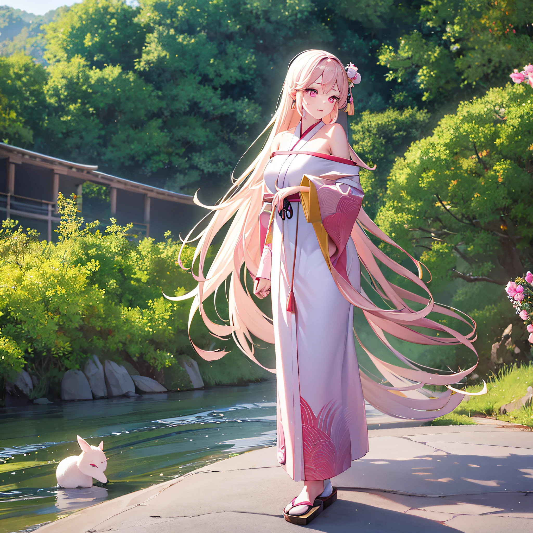 16k,Two-dimensional girl,Japanese painting style,Long flowing yellow hair,Pink white eyes,Chinese off-the-shoulder evening dress,Side face,adolable。