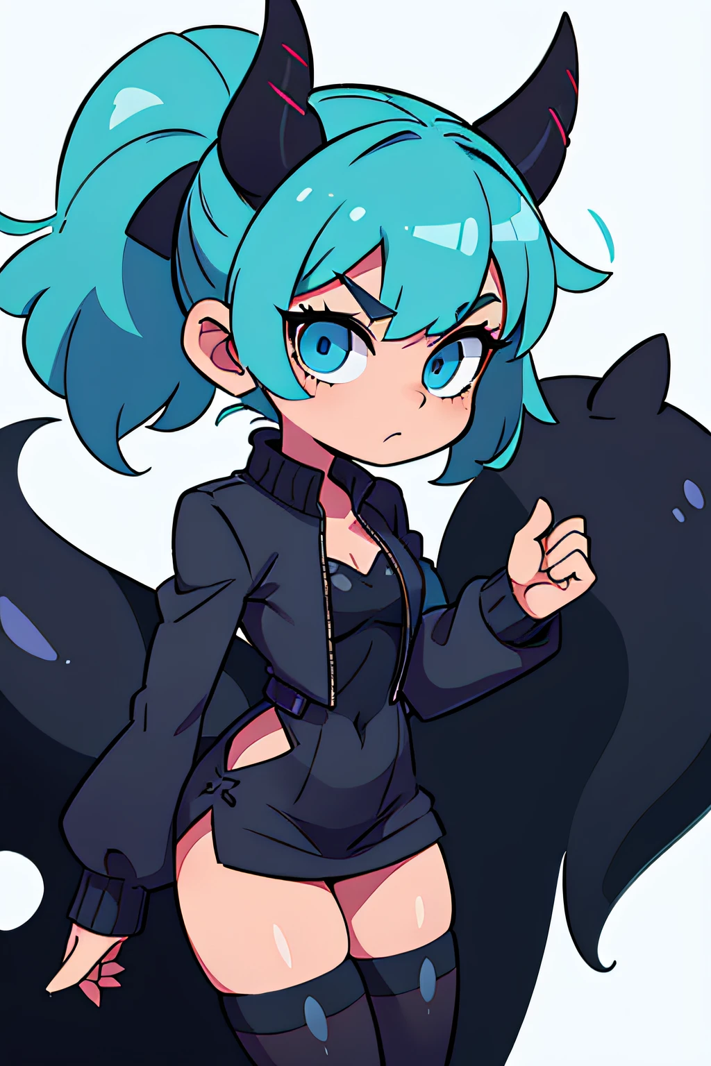 A short stature girl, cyan hair, blue eyes, fluffy hair with two pony tails at sides, black devil horns, black devil tail, wearing black dress, long dark blue thigh high stockings, white background