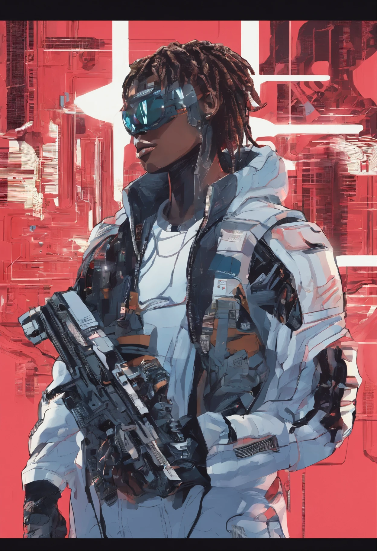 sci fi future 24th centry fullbody solo 1 savage black japanese defcon hacker Anthropomorphic cyborg xxxtentacion juice wrld inspired hairstyle dreadlocks gang signs crazy wild detals gangsta gang defcon baggy sagging trap sumpreme streetwear with a mean face threat stare standing facing front