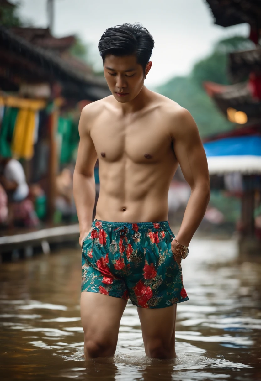 White asian man in wet panties