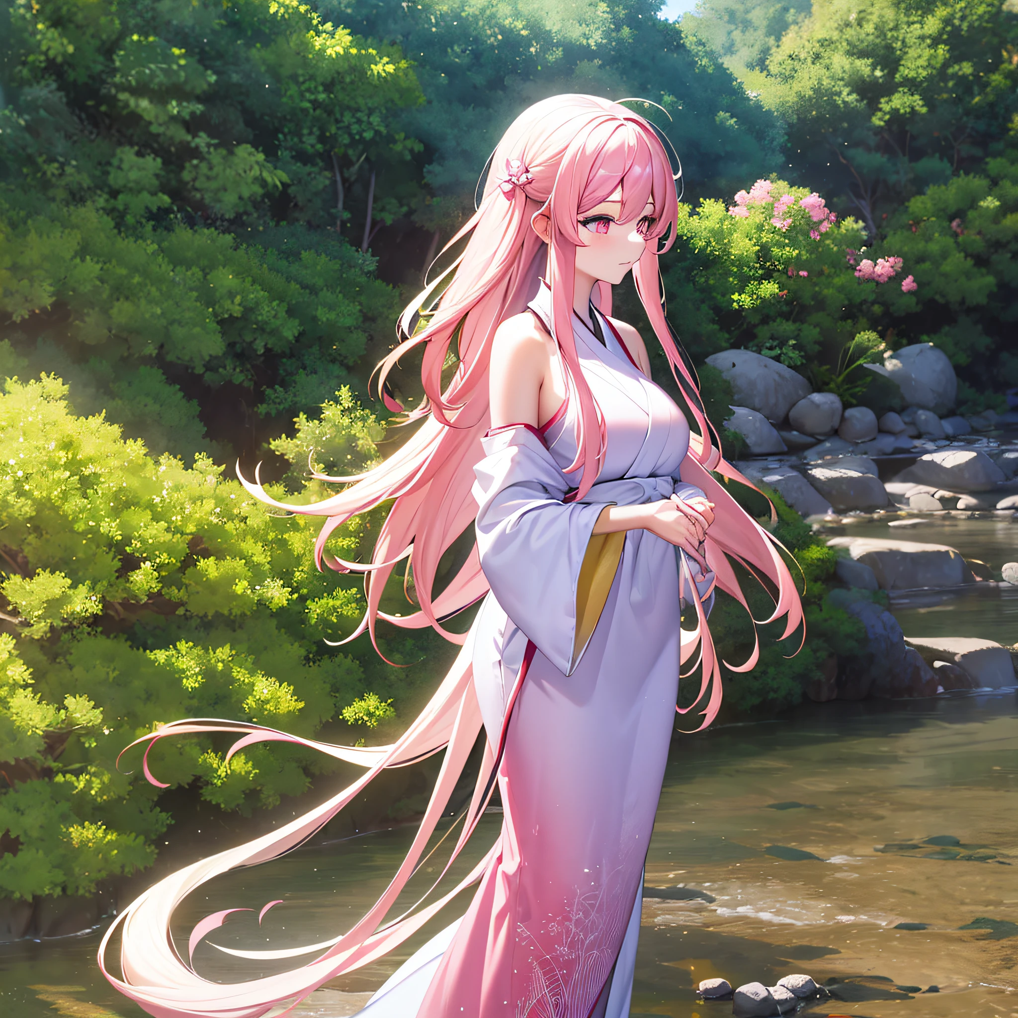 16k,Two-dimensional girl,Japanese painting style,Long flowing yellow hair,Pink white eyes,Chinese off-the-shoulder evening dress,Side face,adolable。