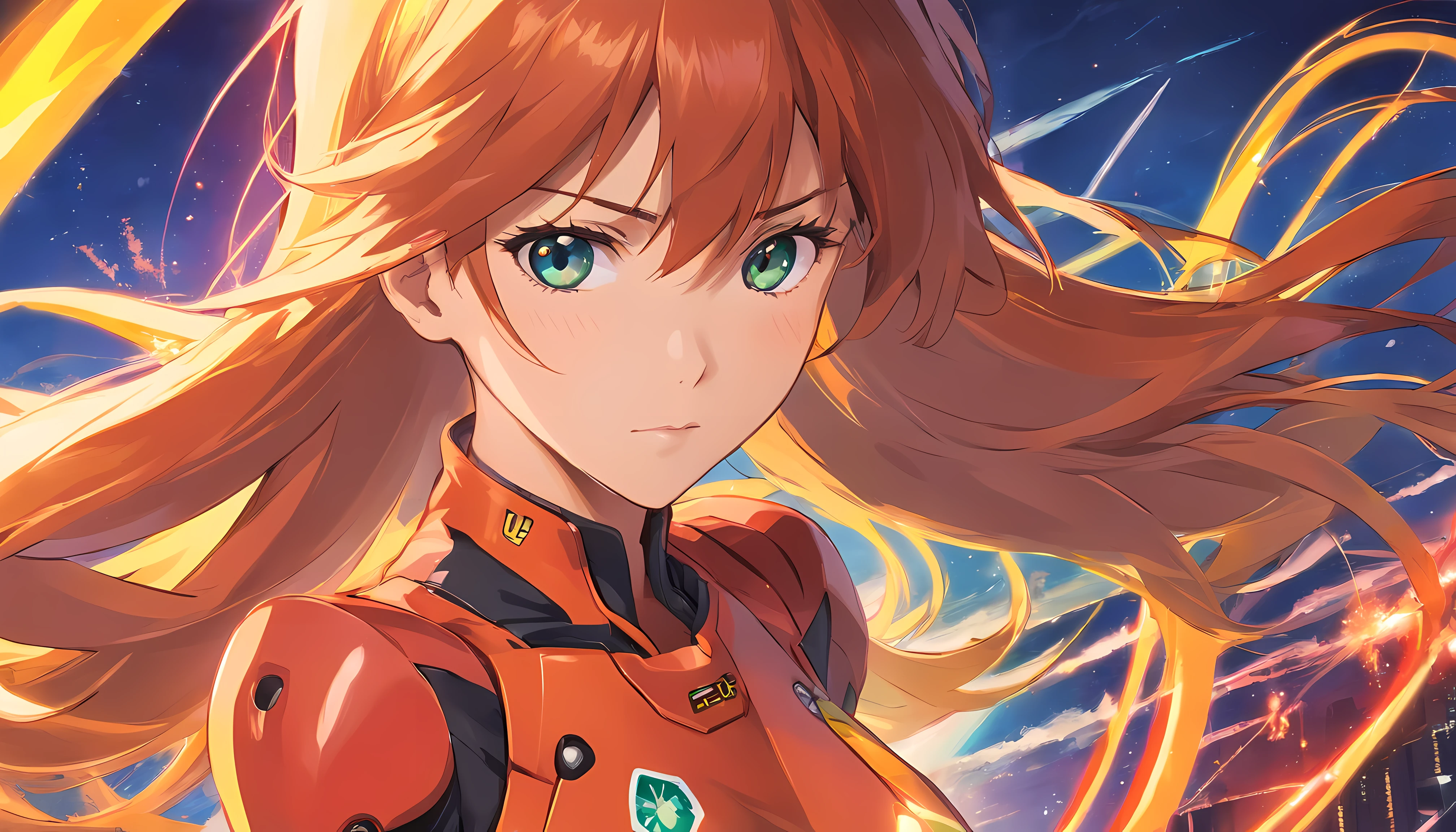 An engaging and vivid portrayal of Asuka Langley, the fiery and determined pilot from Neon Genesis Evangelion. She stands confidently, her iconic red EVA suit contrasting against the backdrop, her vibrant auburn hair catching the light. The image captures her spirit and complexity, rendered in a detailed and realistic style