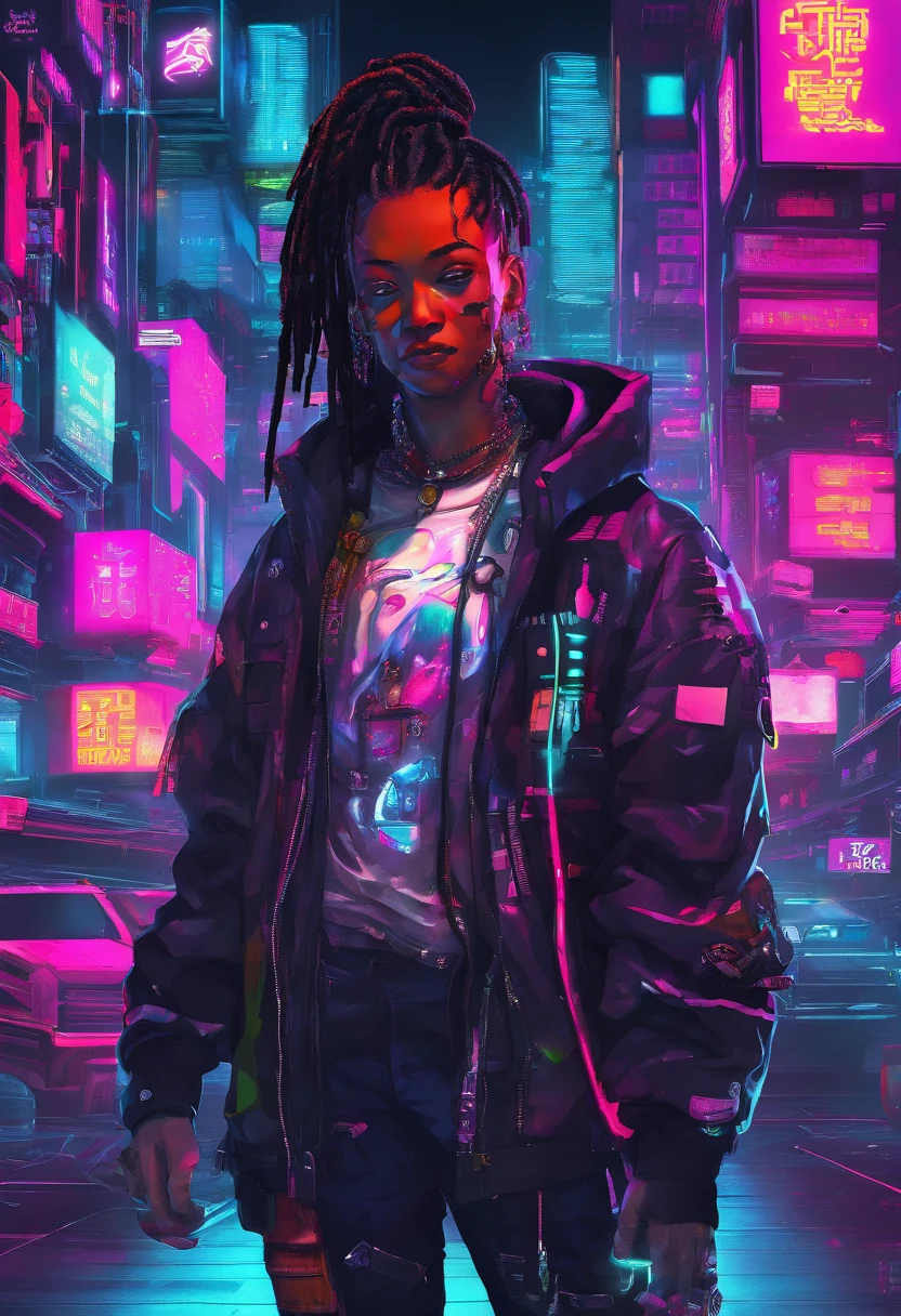 sci fi future 24th centry fullbody solo 1 savage black japanese defcon hacker Anthropomorphic cyborg xxxtentacion juice wrld inspired hairstyle dreadlocks gang signs crazy wild detals gangsta gang defcon baggy sagging trap sumpreme streetwear with a mean face threat stare standing facing front