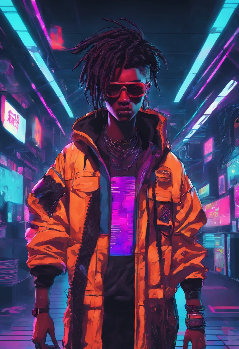 sci fi future 24th centry fullbody solo 1 savage black japanese defcon hacker Anthropomorphic cyborg xxxtentacion juice wrld inspired hairstyle dreadlocks gang signs crazy wild detals gangsta gang defcon baggy sagging trap sumpreme streetwear with a mean face threat stare standing facing front