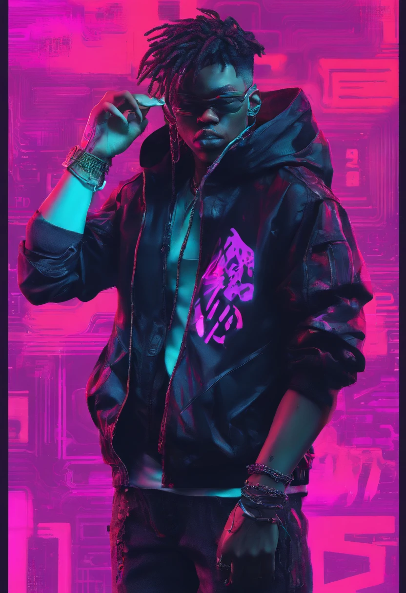 sci fi future 24th centry fullbody solo 1 savage black japanese defcon hacker Anthropomorphic cyborg xxxtentacion juice wrld inspired hairstyle dreadlocks gang signs crazy wild detals gangsta gang defcon baggy sagging trap sumpreme streetwear with a mean face threat stare standing facing front