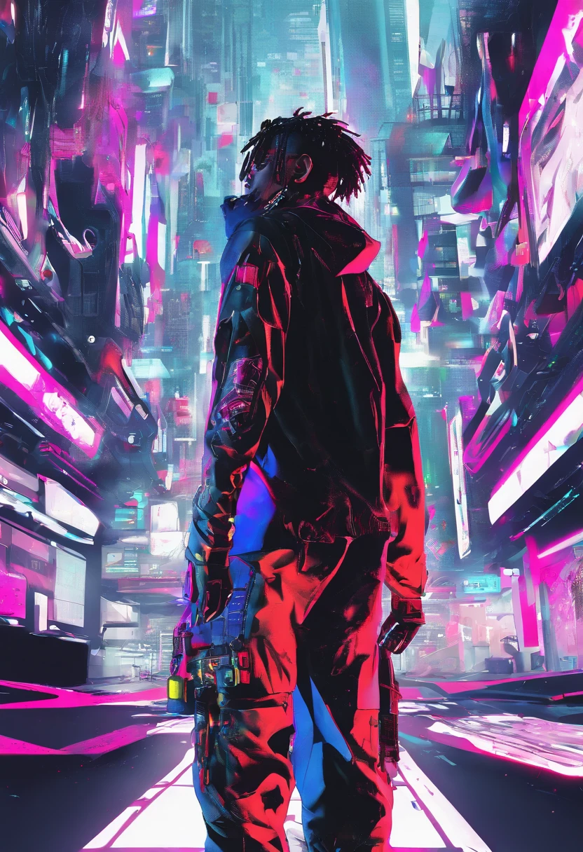 sci fi future 24th centry fullbody solo 1 savage black japanese defcon hacker Anthropomorphic cyborg xxxtentacion juice wrld inspired hairstyle dreadlocks gang signs crazy wild detals gangsta gang defcon baggy sagging trap sumpreme streetwear with a mean face threat stare standing facing front