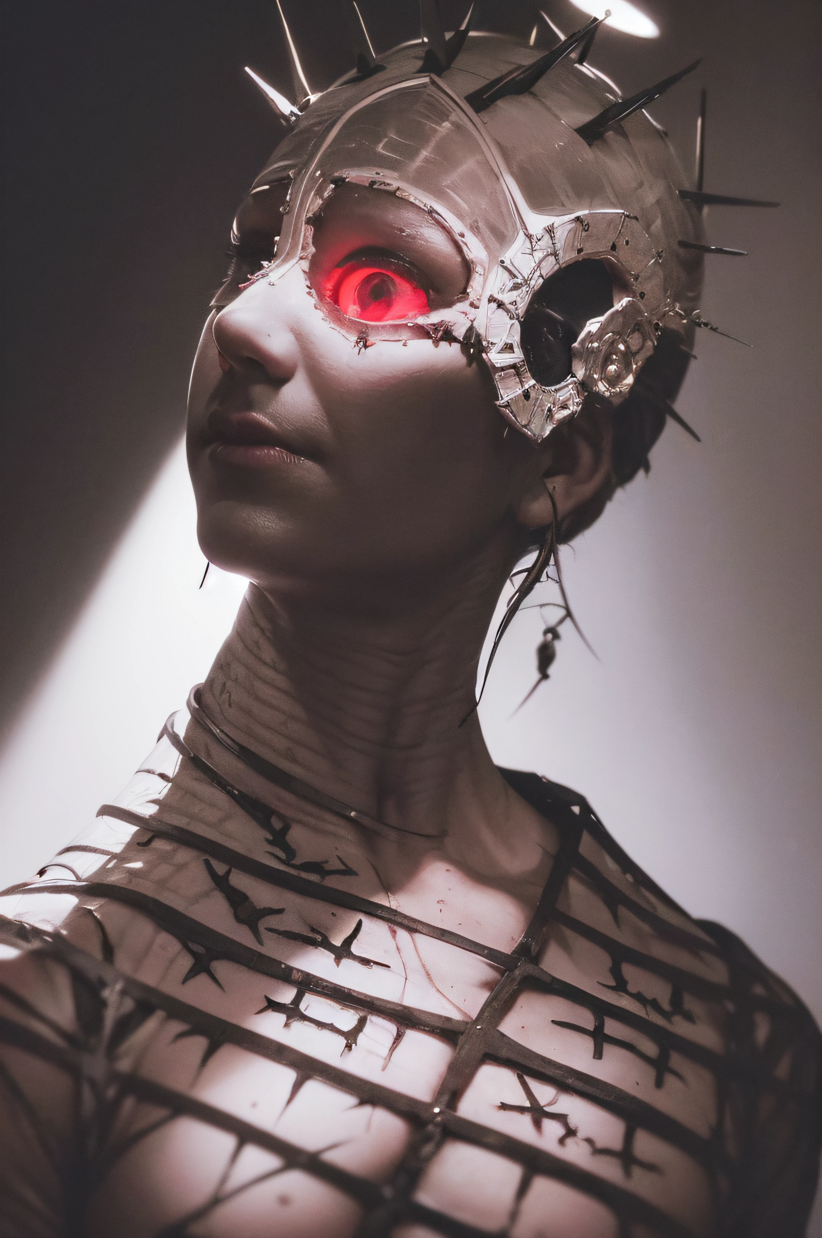 "(The best lighting, oscuro, dramatic),(feto calavera alien, Hellraiser, Cicatrices, , sexy, cerebro, sangre, una rata dentro de la cabeza, terror.),(ojos rojos, calaveras). morning light.