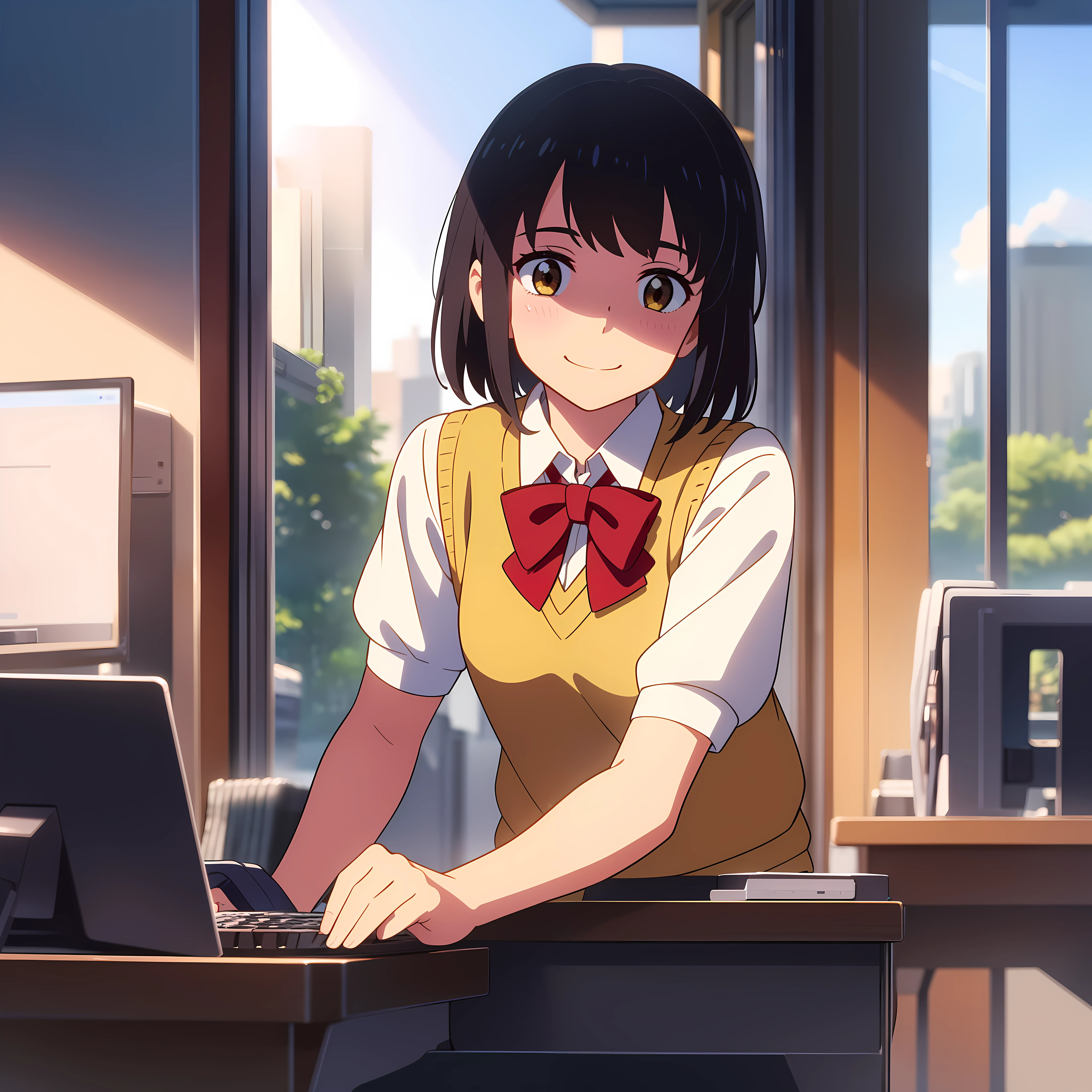 shinkai makoto, kimi no na wa., 1girl, bangs, black hair, blush, bow, brown eyes, collared shirt, headband, looking at the viewer, red bow, red headband, red ribbon, school uniform, shirt, short hair, smile, solo, sweater vest, vest, white shirt, yellow sweater vest, yellow vest, smile, happy, short skirt, short sleeves, puffy sleeves, red neckerchief, indoors, internet café, playing games, sitting at a computer desk