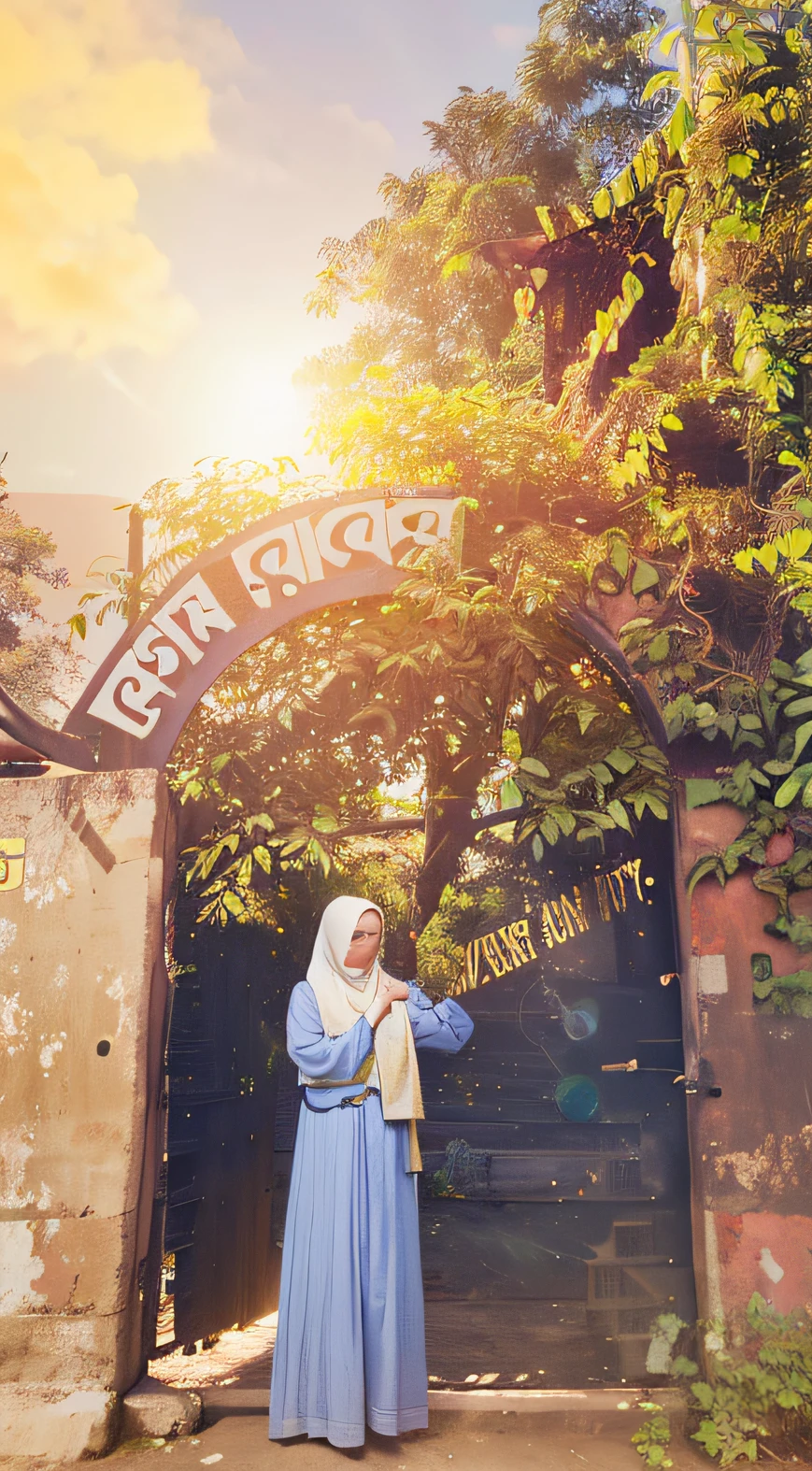 there is a woman standing in front of a gate with a sign, taken in zoo, taken at golden hour, shot on nikon z9, bright light masterpiece, with the sun shining on it, panoramic view of girl, evening time, photo of a beautiful, old dhaka, sunny day time, photoshot, assamese aesthetic, shot on canon eos r 5