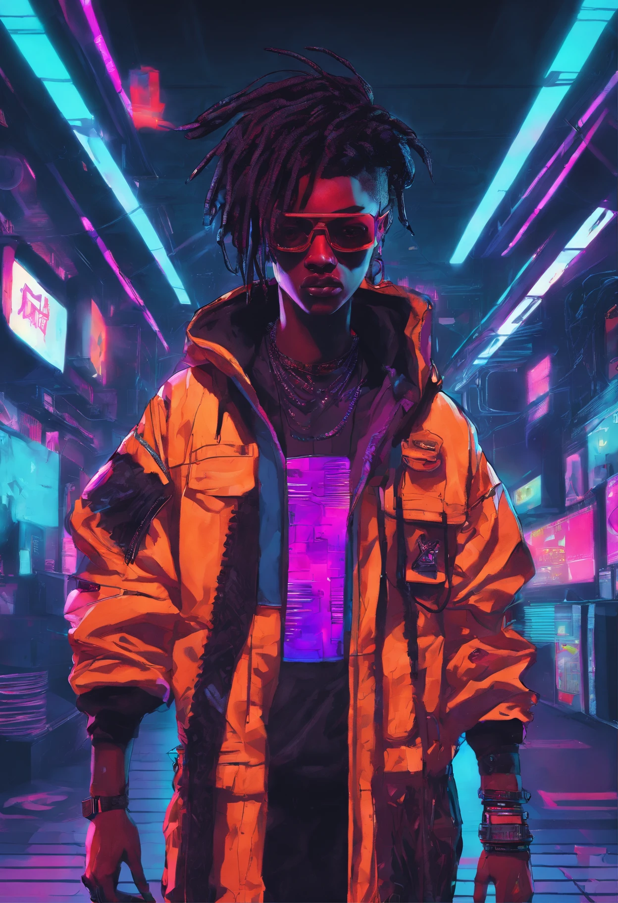sci fi future 24th centry fullbody solo 1 savage black japanese defcon hacker Anthropomorphic cyborg xxxtentacion juice wrld inspired hairstyle dreadlocks gang signs crazy wild detals gangsta gang defcon baggy sagging trap sumpreme streetwear with a mean face threat stare standing facing front