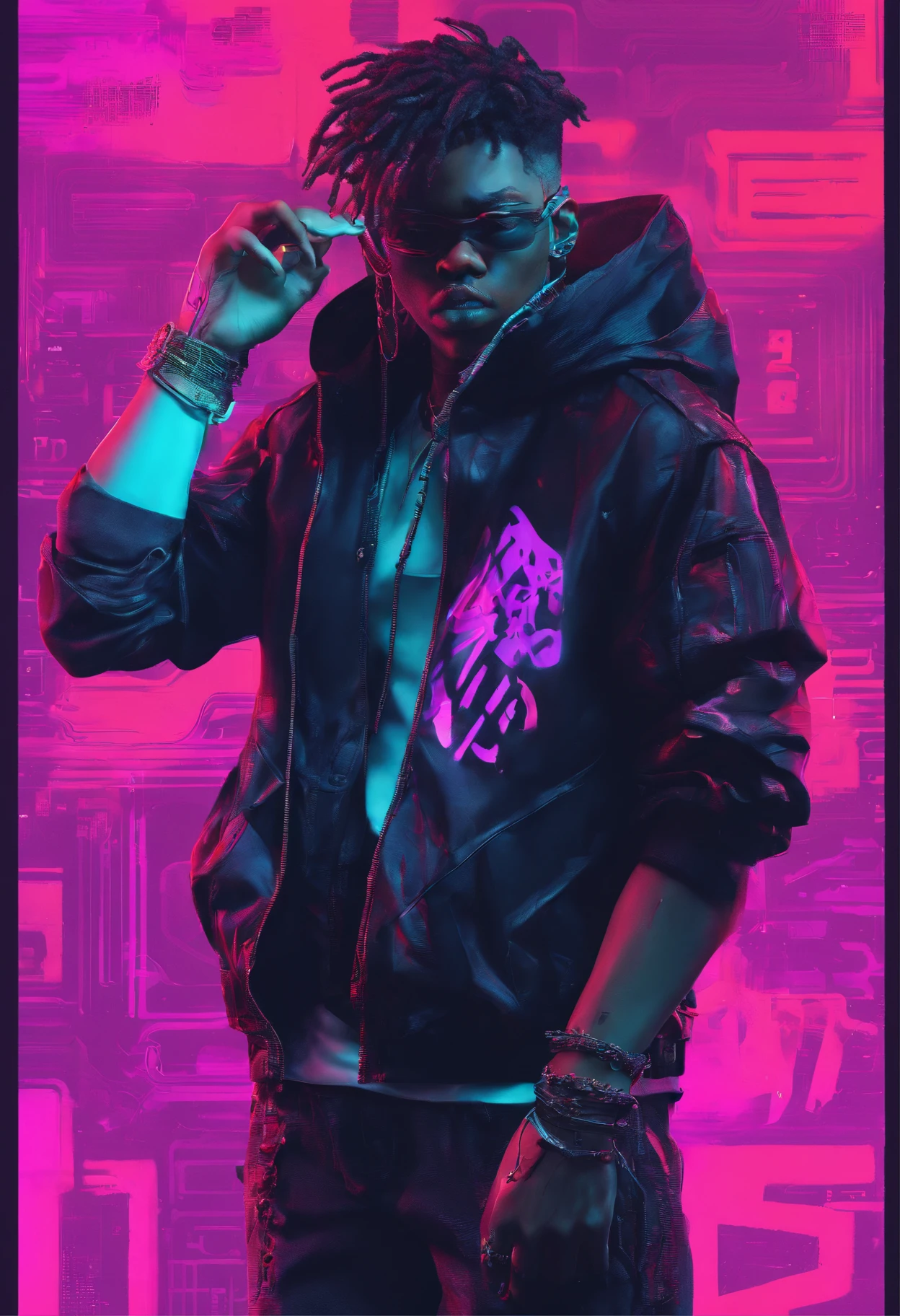 Traper hair, fair skin, neck tattoo. (Smoke coming out of the mouth) futuristic neon effect
