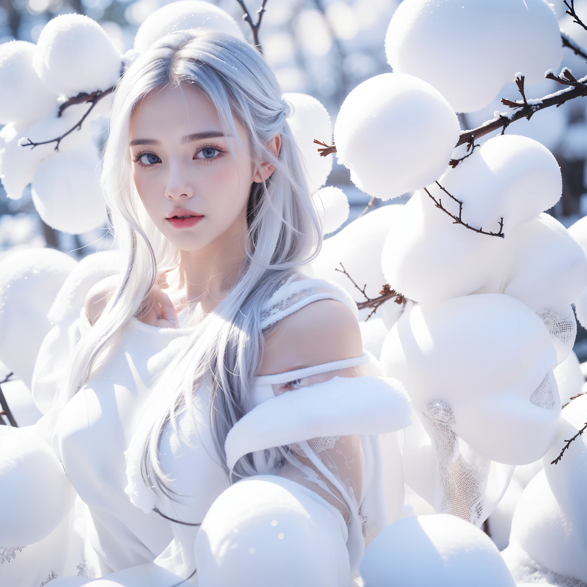1girll,(Snow,Ice), snowflower, In winter, White hair, Shiny hair, Wavy hair, Transparent clothes, frilld, Lace, Wet clothes, Off_Shoulder, hair scrunchie,Masterpiece, Telephoto lens, absurderes, Exquisite facial features