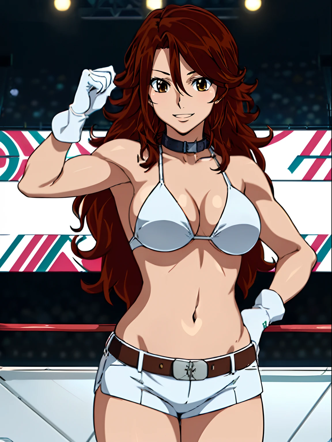 nice body, , anime style: 1.8, anime drawing, ultra detailed face, ultra detailed body, , 4k, Sumergai Lee Noriega, (standing), best quality, anime style, hires, highest definition, digital blending, bold drawing lines, ((slim waist, female wrestler), (location: wrestling arena, crowds watching), ( slim body, athletic , little biceps, thighs, off-shoulders, (curvy: 6.8), lighting, spot lights, very shiny skin), ((white bikini, shorts, groin, , white gloves, collar, belt)), victorious, winner, , (very big round breasts, smile), (big eyes, brown eyes), (clapping), (brown hair, loose hair, curly hair, wavy hair, long hair, missy hair), 27 years old, (dancing)