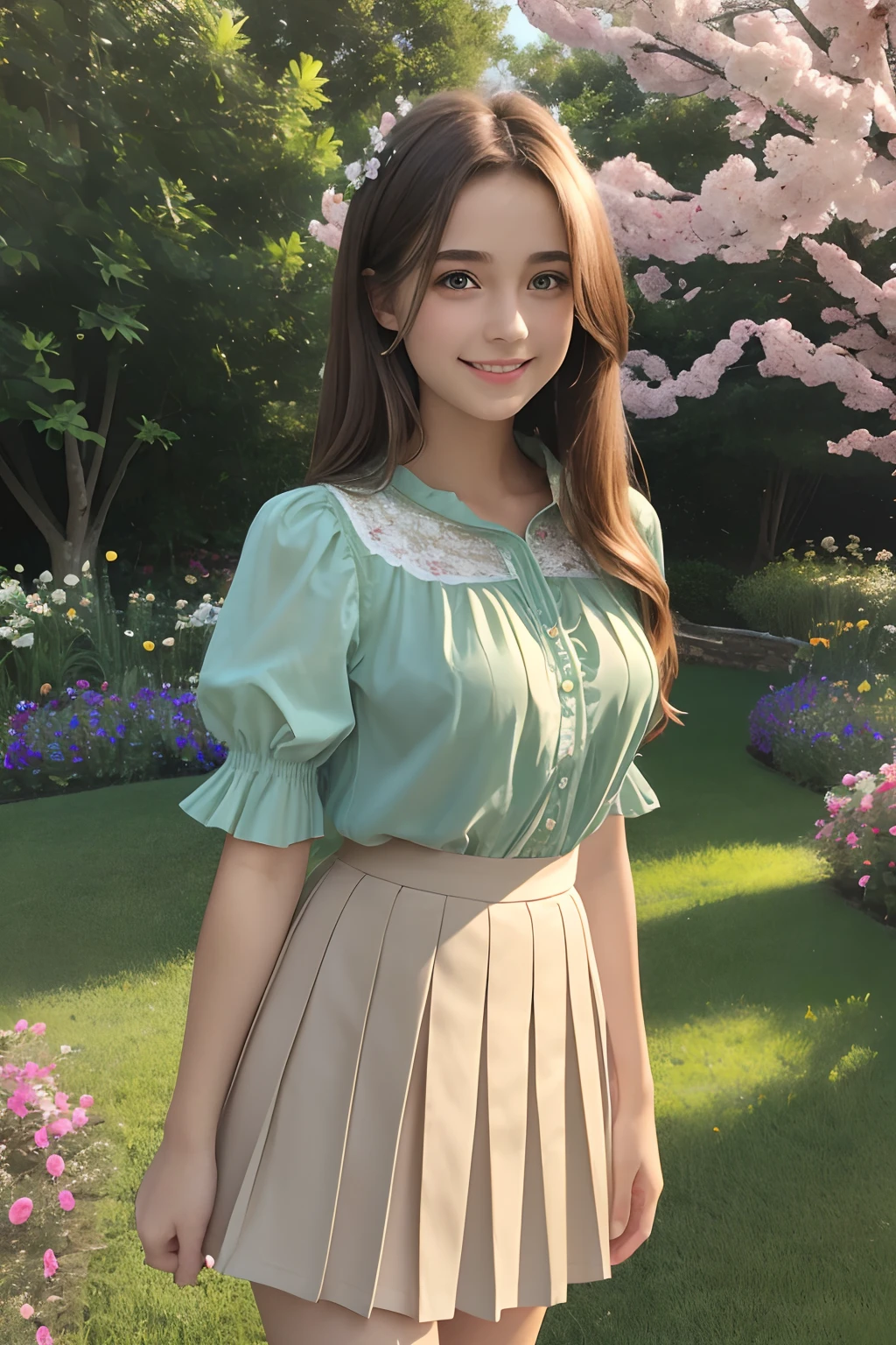 (highres,ultra-detailed,realistic:1.2),beautiful,bright-eyed,18-year-old girl in a garden,cute blouse,pleated skirt,lovely smile,flowing brown hair,soft lighting,green grass,dainty flowers,playful pose,vivid colors,portrait,modern artistic style