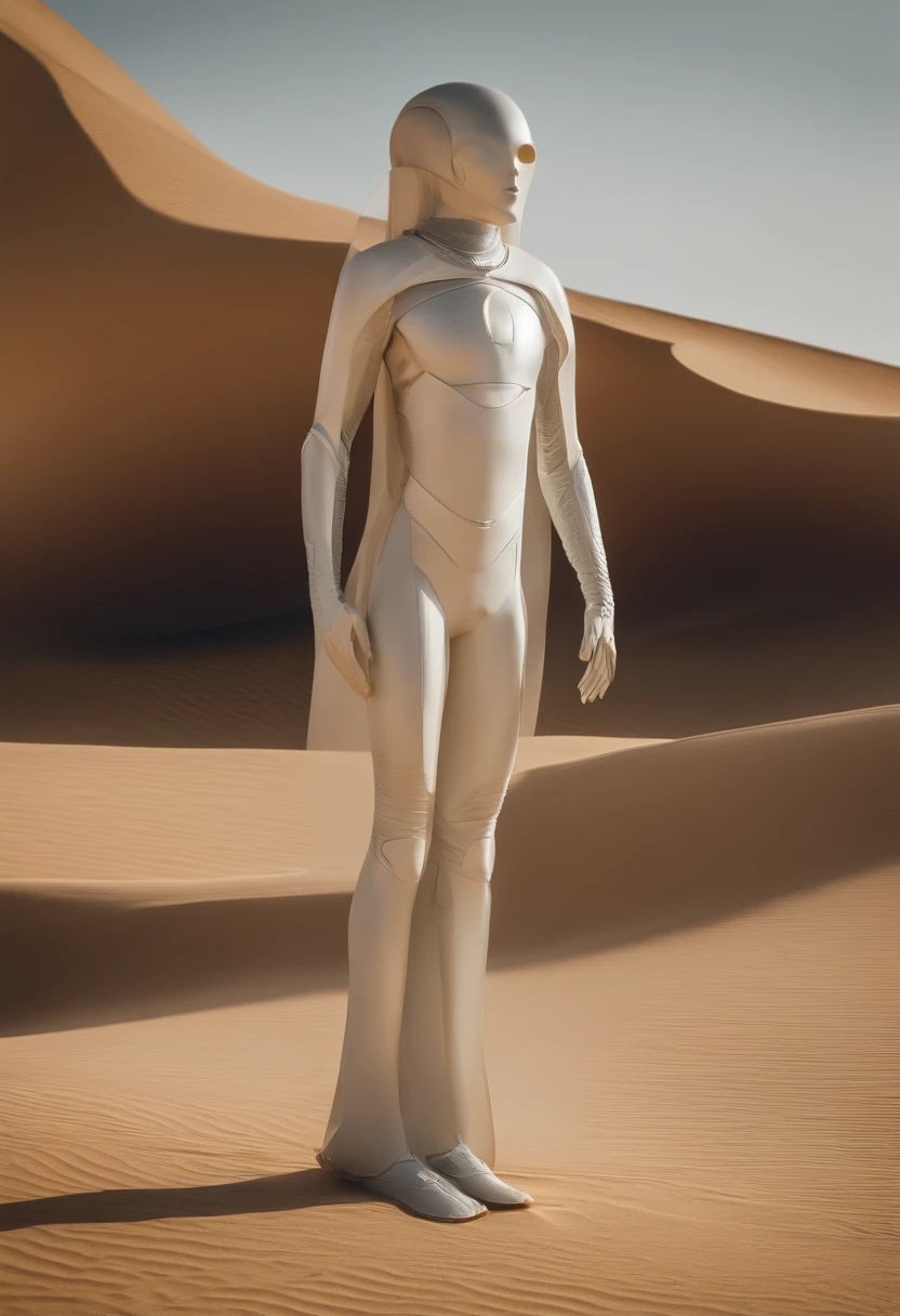 extraterrestrial of a male alien being, elongated head, olhos grandes, queixo pequeno, nariz pequeno, boca pequena, olhos amendoados levemente puxados, Slightly elongated head, cor da pelo e branco albino, corpo esguio, Alta 2,98 roupas similar a de surfista ( Traje futurista) Aspect of happy futuristic clocks forming a similar quantum holographic holographic computer, The cybernetic codes connect this computer to this universal network of consciousness, being is in the pyramids of the desert bottom