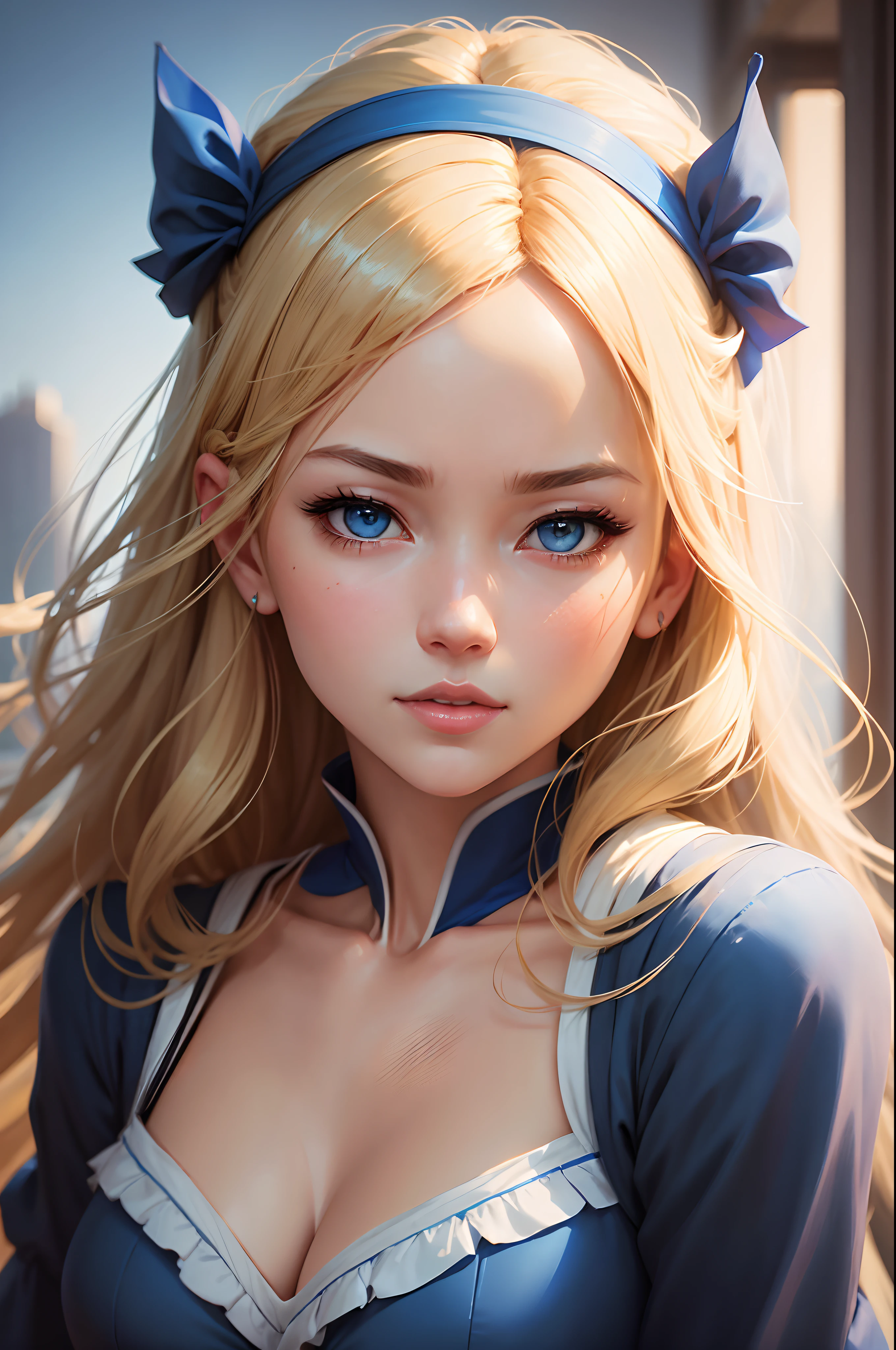 a close up of a woman in a blue dress with a white headband, artwork in the style of guweiz, ig model | artgerm, extremely detailed artgerm, hyper realistic anime, soft portrait shot 8 k, artgerm. anime illustration, in the art style of bowater, blonde - haired princess, 8k artgerm bokeh