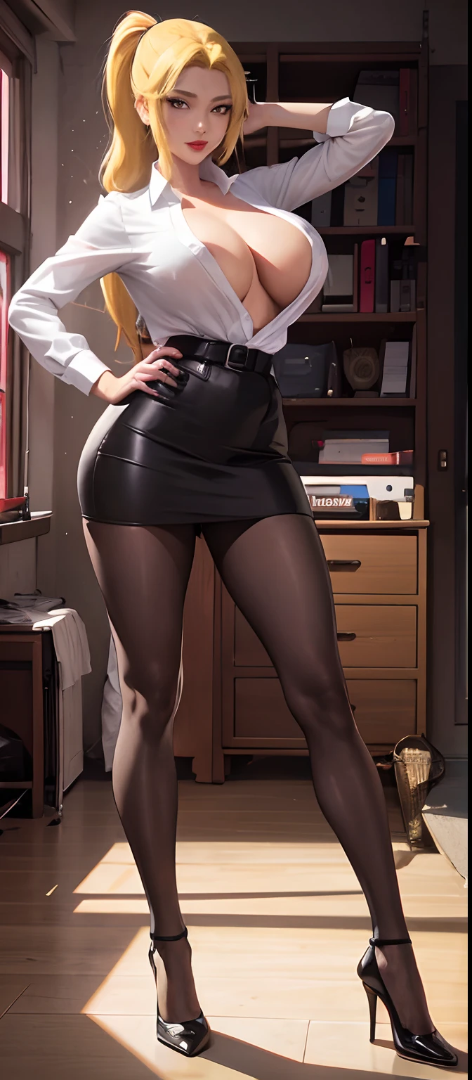 Girl, smile, red lips, big nose, big tits, long hair, yellow hair colors, fair skin, five finger on hand, white office clothes colors, black office skirt colors, black office clothes colors, black office heels colors, view facing forward, view facing the camera, sexy body, sexy pose, stand pose, beautiful girl, realistic, in room