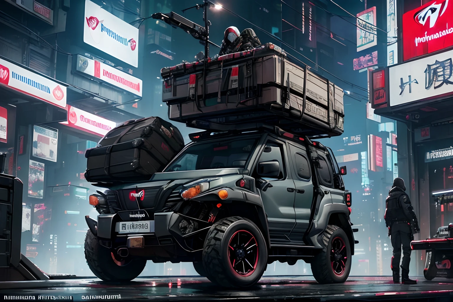 (deep in the night:1.3)、、(Detailed beautiful skin texture、detailed beautiful faces、Ultra-detailed clothing texture)、、(cyberpunked:1.4)、、(ultra-detailliert(Cyberpunk Castum:1.5)and 2 steaters(Mahindra Ultra Compact Utility Vehicle:1.5)(Load on the roof rack:1.3)And(Cargo on the back:1.3)and letter tires:1.3)、、(3/4Front view、Volkas car、The car is located in the center of the frame)、 、(car park、Cyberpunk's ultra-detailed night city)、(All Cars Are Cyberpunk Cars:1.2)、、(softlighting)、、(masterpiece、top-quality:1.4、8k、ultra-detailliert、illustratio、distinct_image、intricate_details、delicate illustration)、(realisitic:0.15)、military vehicle、