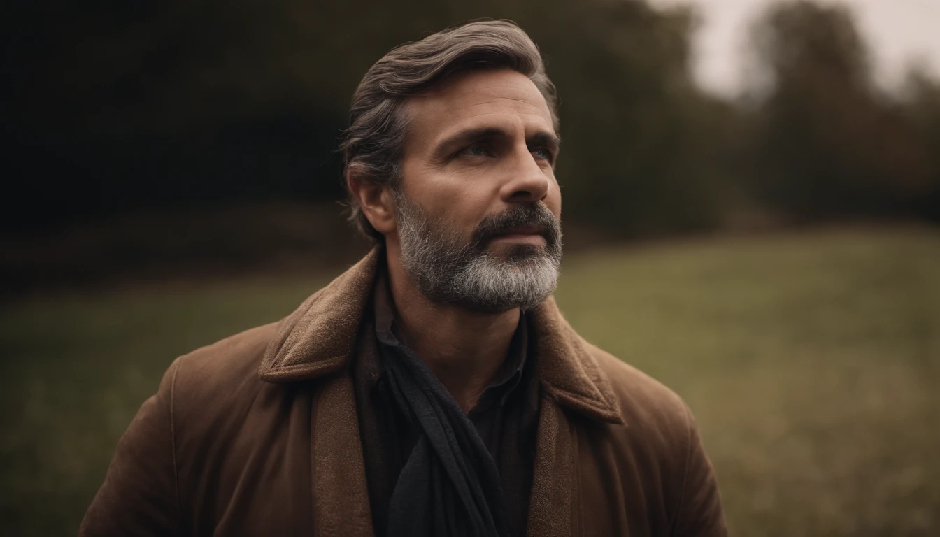 Retrato de um paiCREATE THE IMAGE OF A MAN WITH THE APPEARANCE OF A PROPHET, TO BE MORE SPECIFIC THE PROPHET ELIJAH, AT THE AGE OF 45 YEARS OLD, LOOKING AT THE SKY WITH A WONDERFUL LOOK AS IF HE WAS LISTENING TO THE VOICE OF GOD.