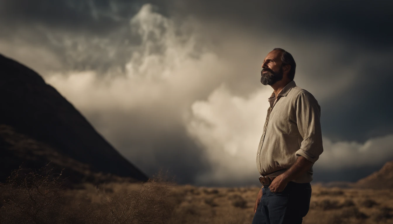 Retrato de um paiCREATE THE IMAGE OF A MAN WITH THE APPEARANCE OF A PROPHET, TO BE MORE SPECIFIC THE PROPHET ELIJAH, AT THE AGE OF 45 YEARS OLD, LOOKING AT THE SKY WITH A WONDERFUL LOOK AS IF HE WAS LISTENING TO THE VOICE OF GOD.